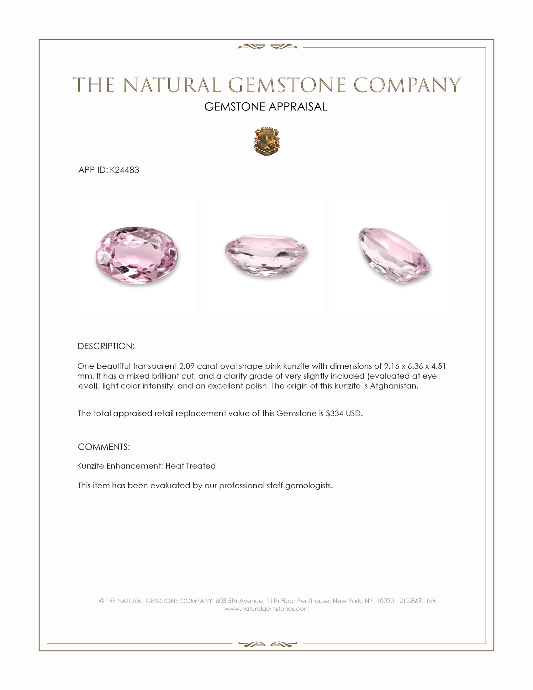 2.09 Ct. Pink Kunzite from Afghanistan