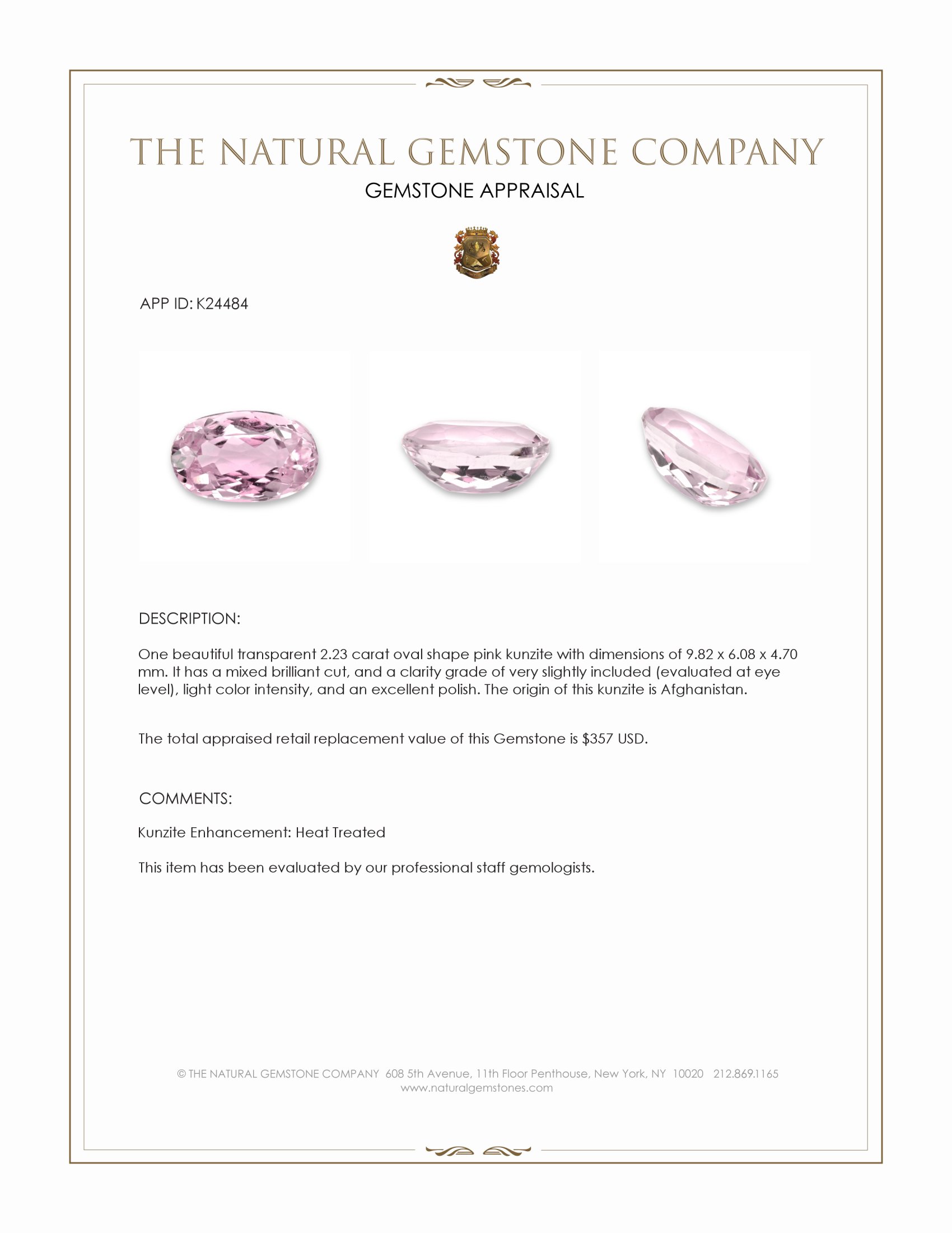 2.23 Ct. Pink Kunzite from Afghanistan