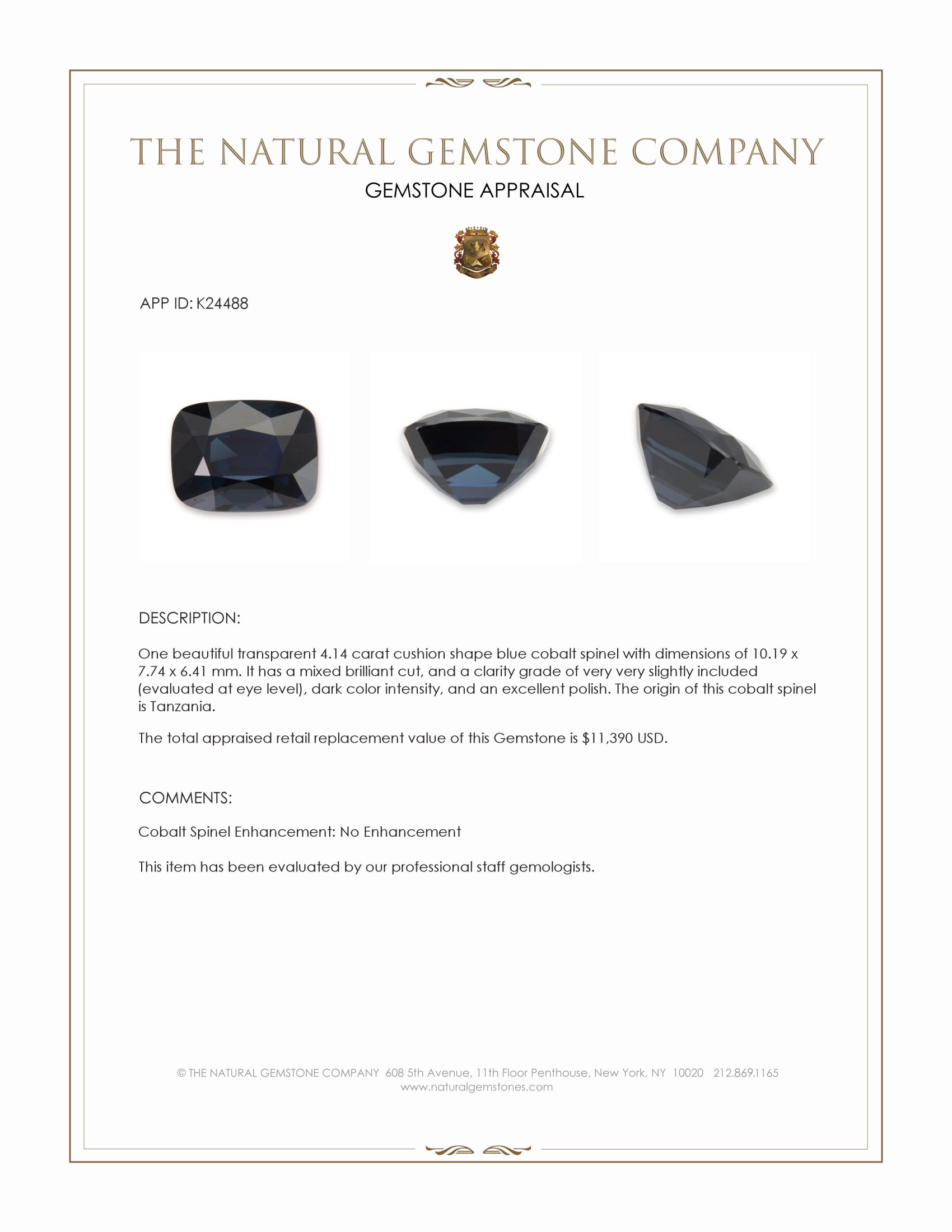 4.14 Ct. Blue Cobalt Spinel from Tanzania