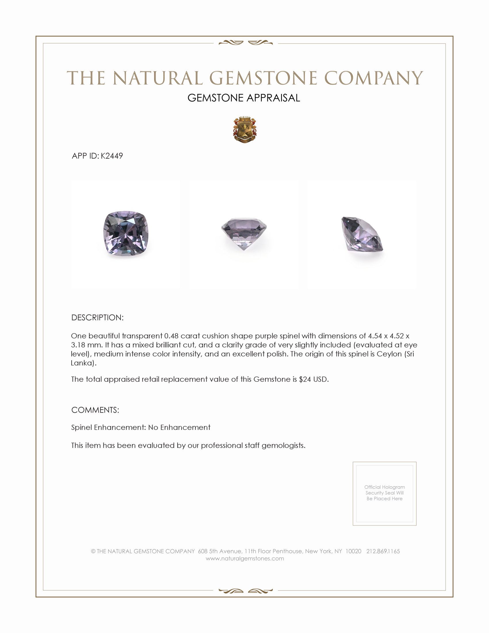 0.48 Ct. Purple Spinel from Ceylon (Sri Lanka)
