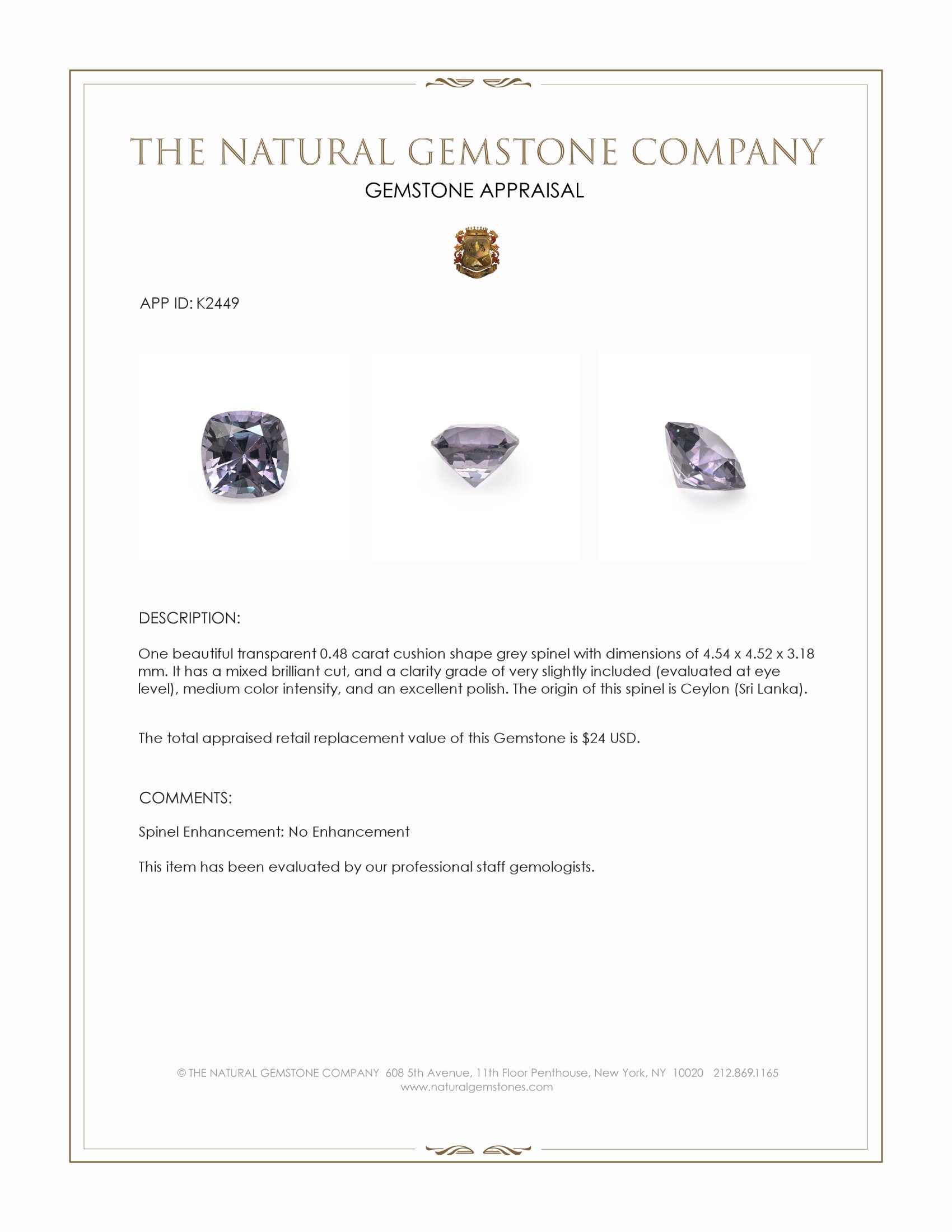 0.48 Ct. Grey Spinel from Ceylon (Sri Lanka)