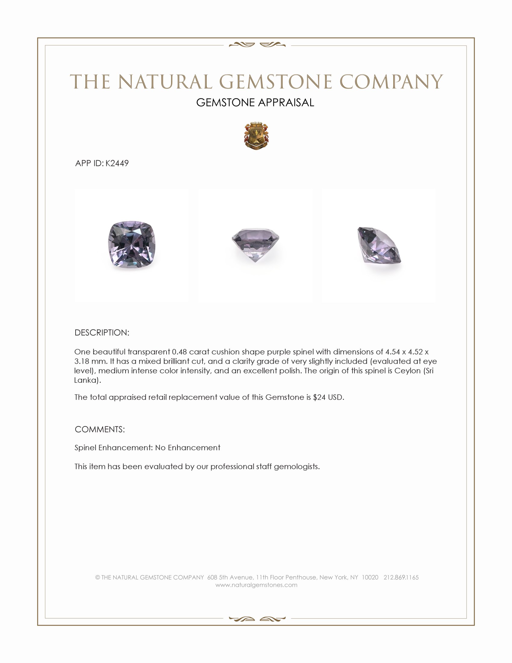 0.48 Ct. Spinel from Ceylon (Sri Lanka)