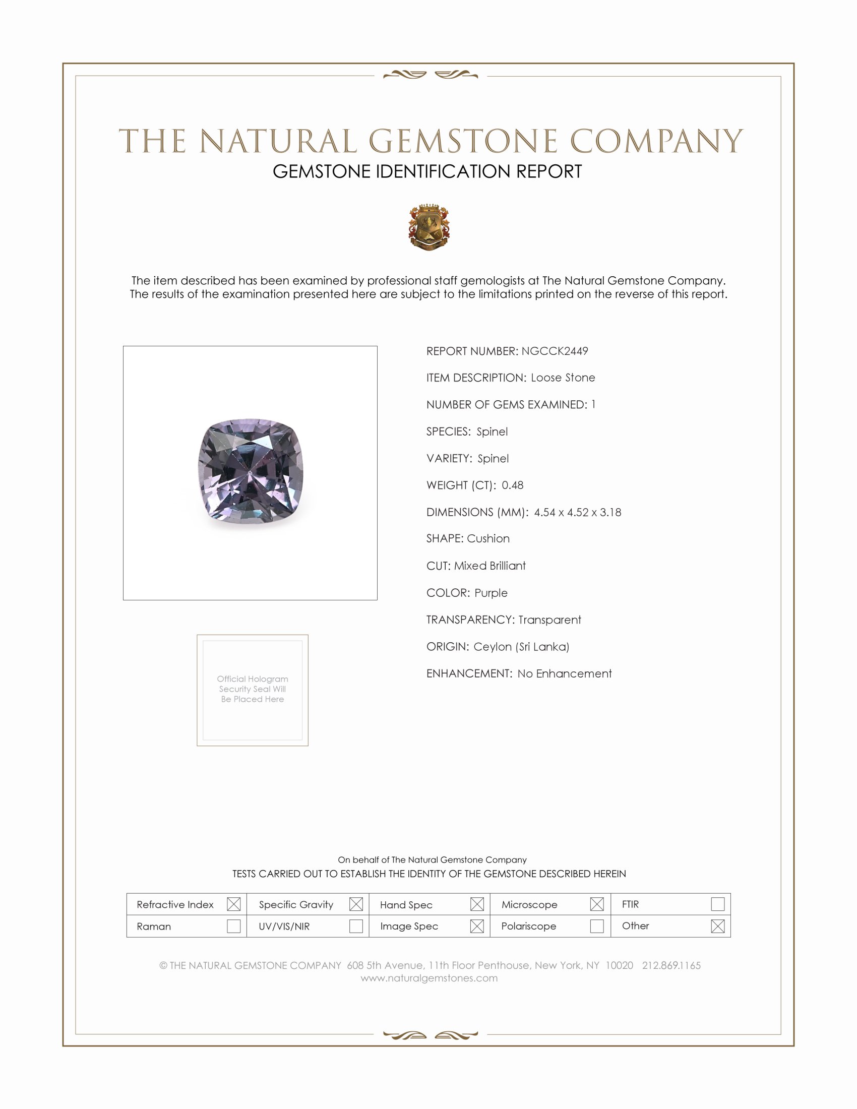 0.48 Ct. Purple Spinel from Ceylon (Sri Lanka)