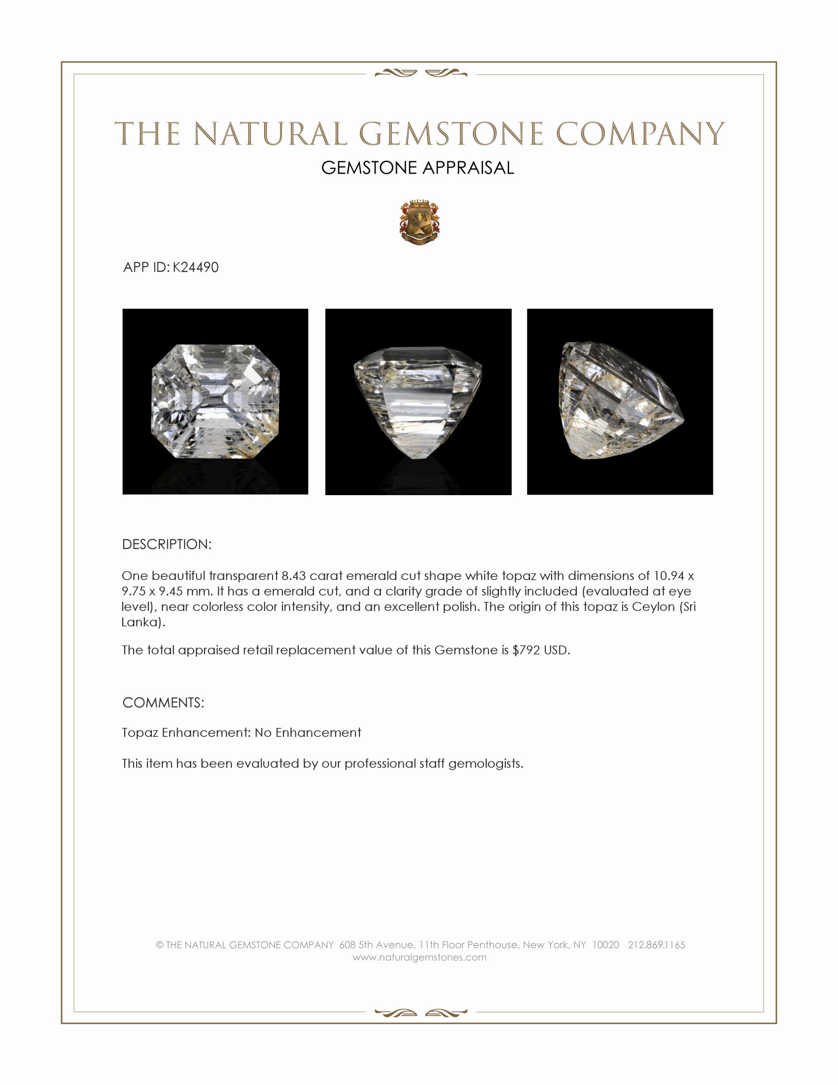 8.43 Ct. White Topaz from Ceylon (Sri Lanka)