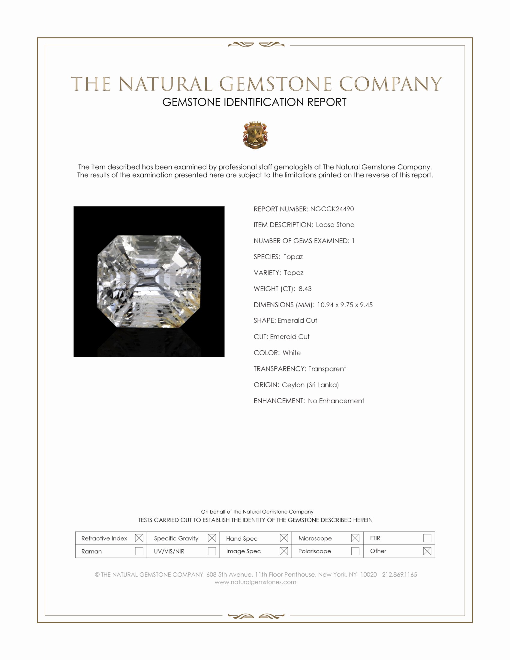 8.43 Ct. White Topaz from Ceylon (Sri Lanka)