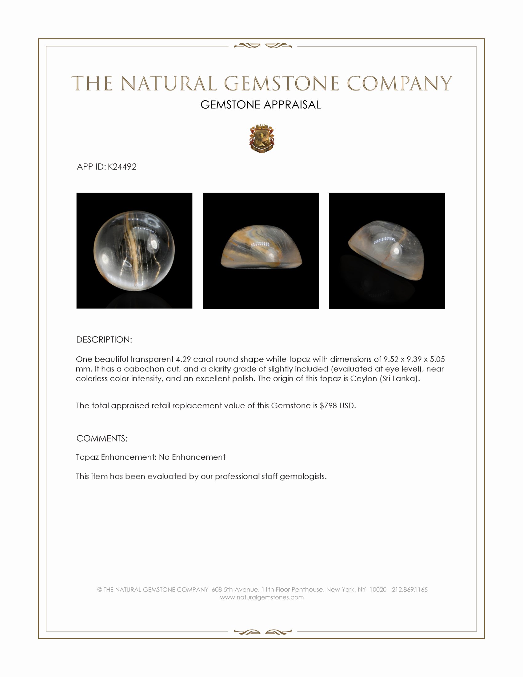 4.29 Ct. White Cabochon Topaz from Ceylon (Sri Lanka)