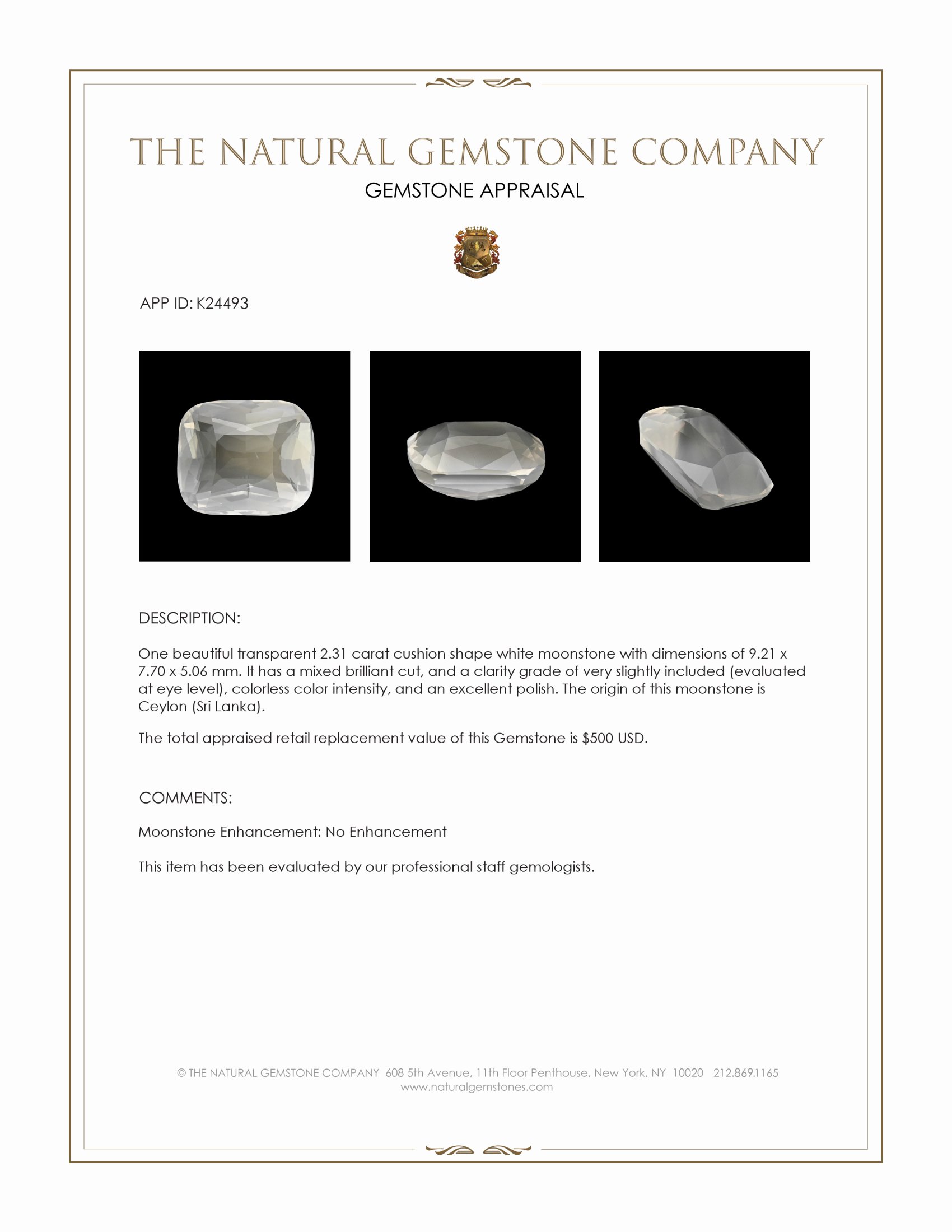 2.31 Ct. White Moonstone from Ceylon (Sri Lanka)