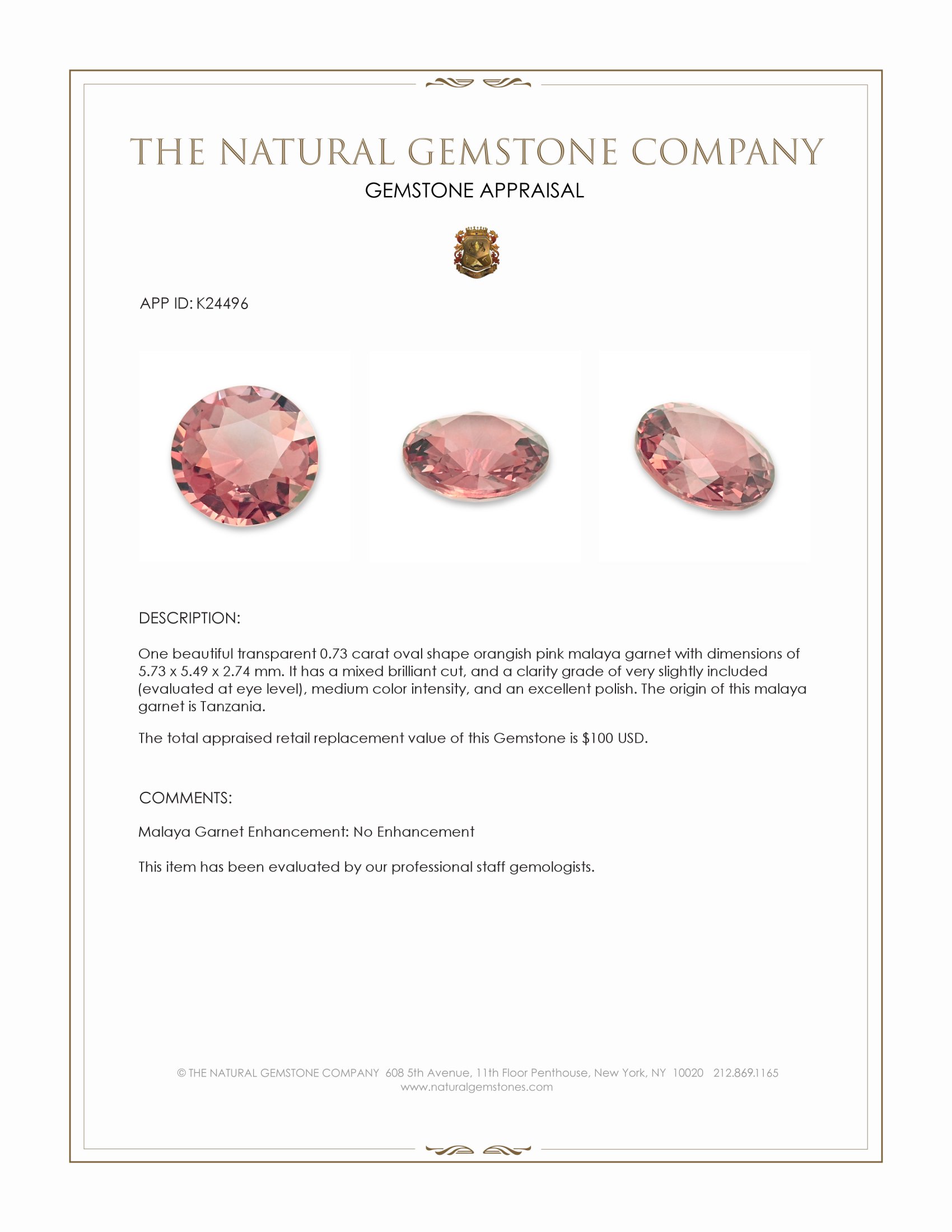 0.73 Ct. Orangish Pink Malaya Garnet from Tanzania