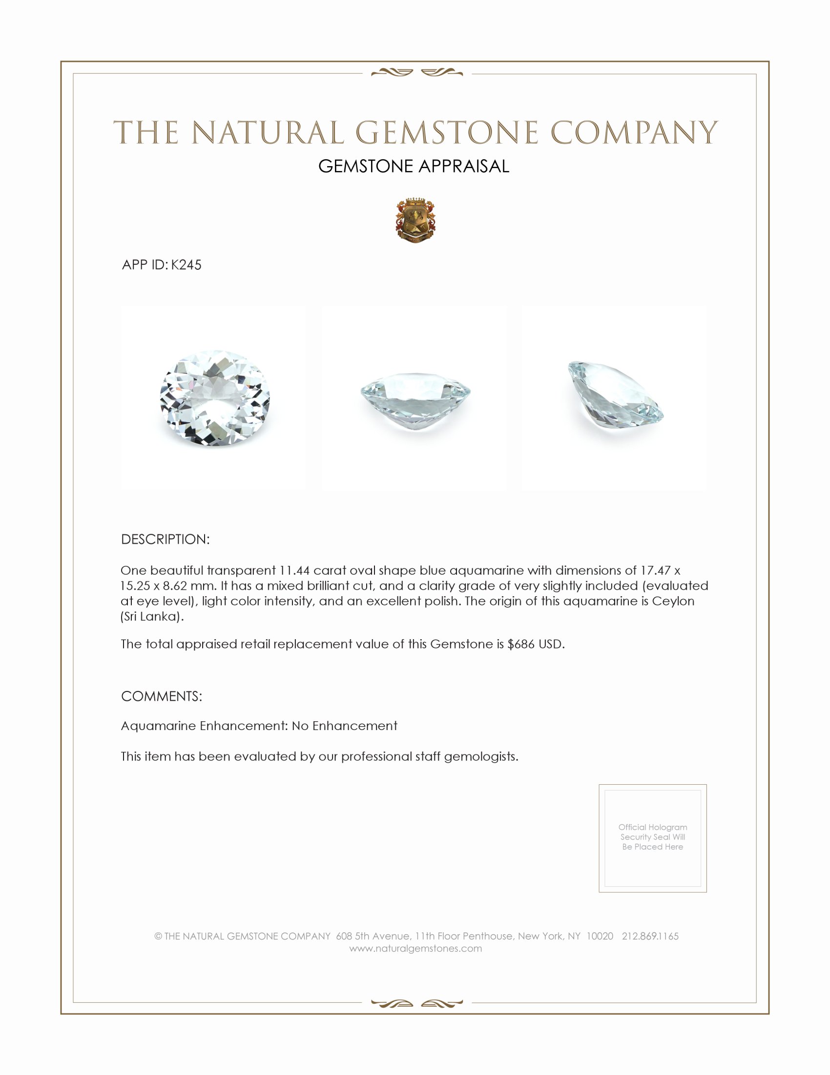 11.44 Ct. Aquamarine from Ceylon (Sri Lanka)