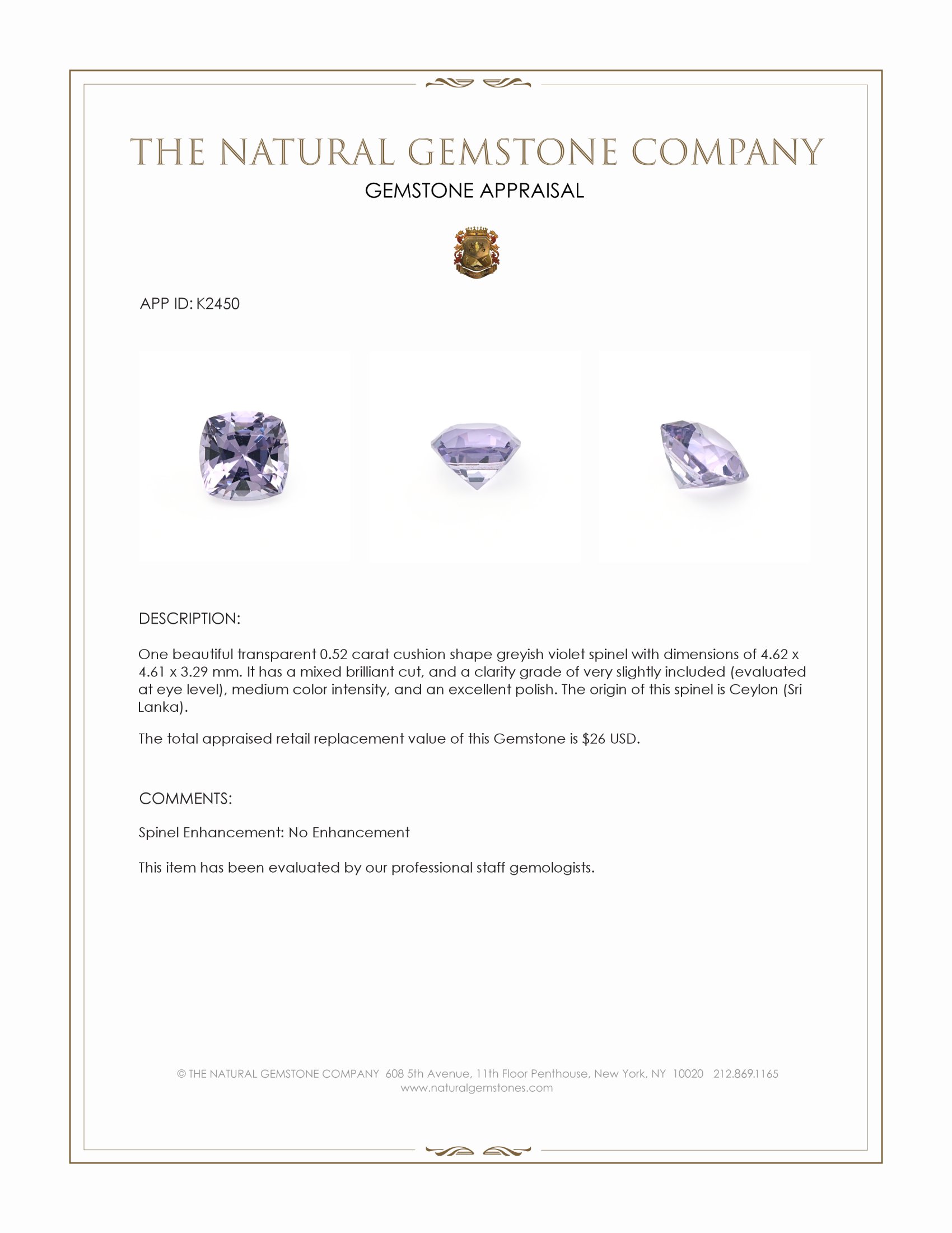 0.52 Ct. Greyish Violet Spinel from Ceylon (Sri Lanka)