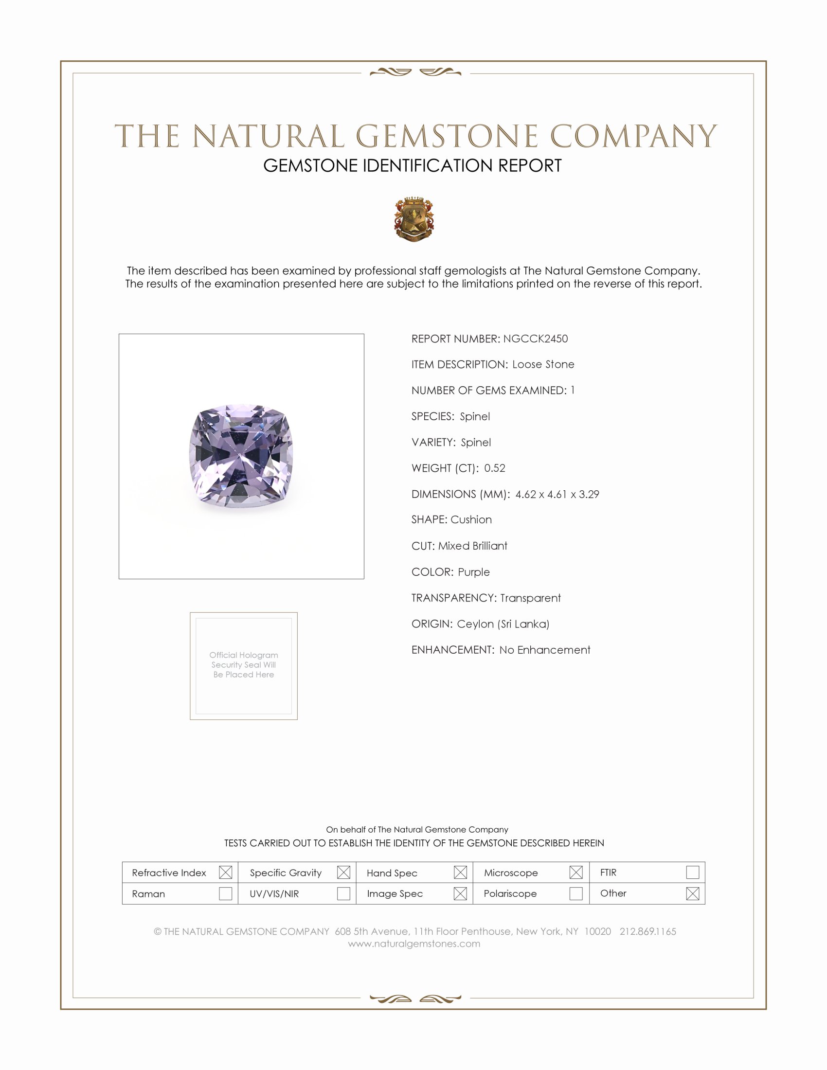 0.52 Ct. Purple Spinel from Ceylon (Sri Lanka)