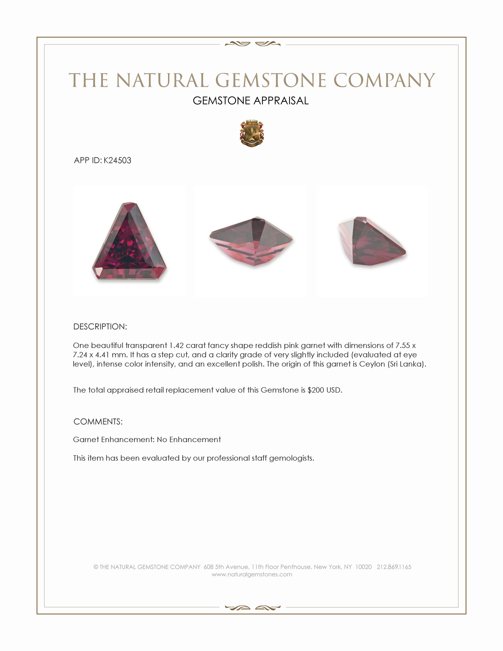 1.42 Ct. Reddish Pink Garnet from Ceylon (Sri Lanka)