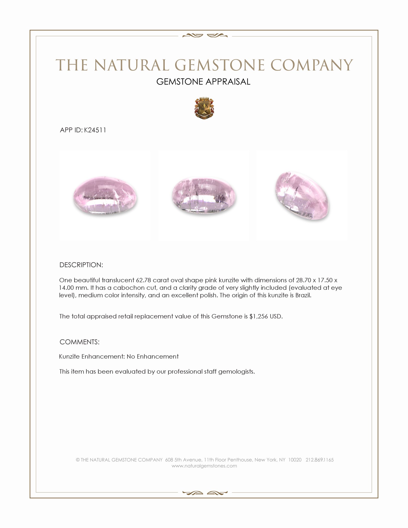 62.78 Ct. Pink Cabochon Kunzite from Brazil