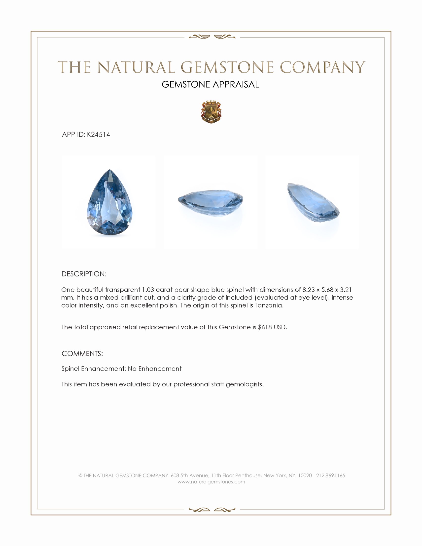 1.03 Ct. Blue Spinel from Tanzania