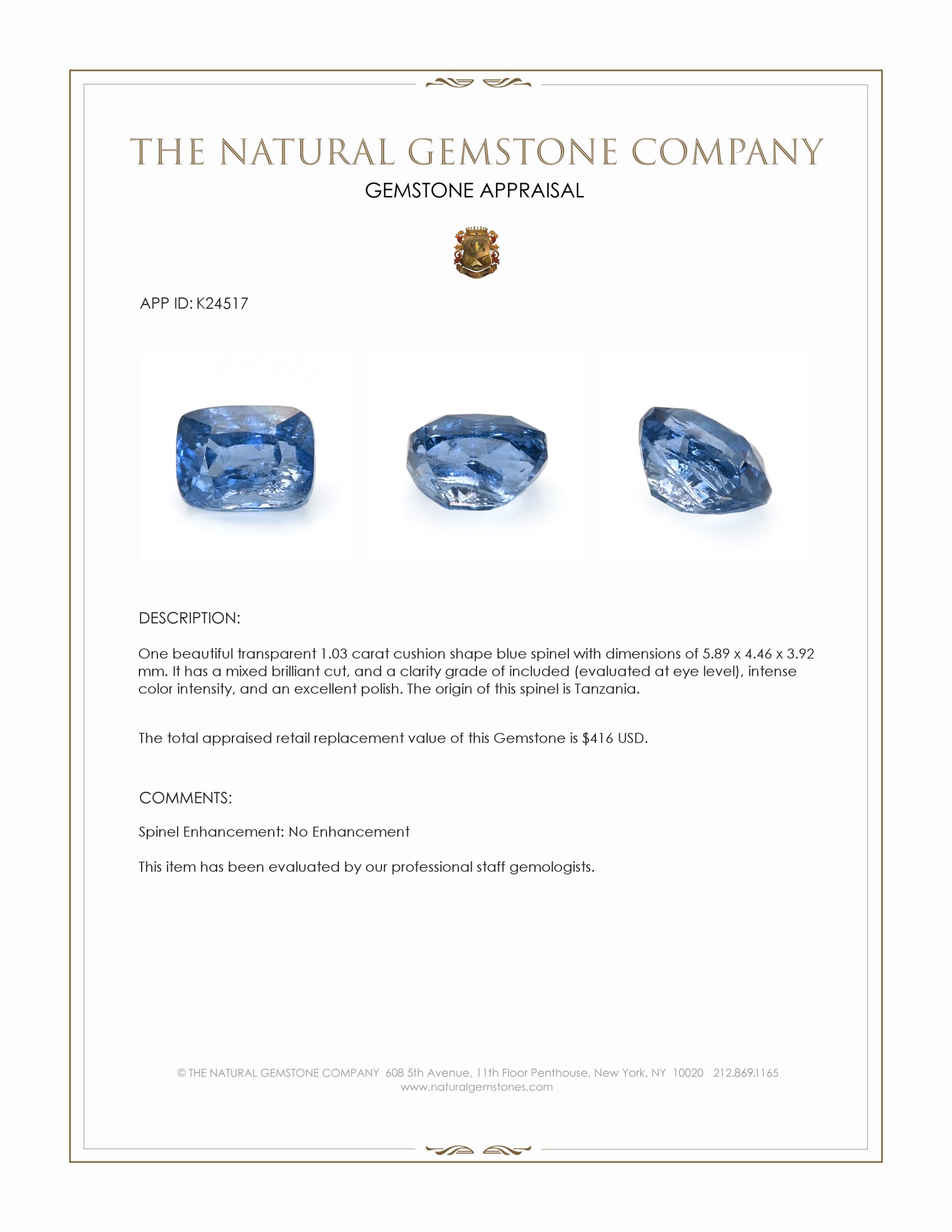 1.03 Ct. Blue Spinel from Tanzania