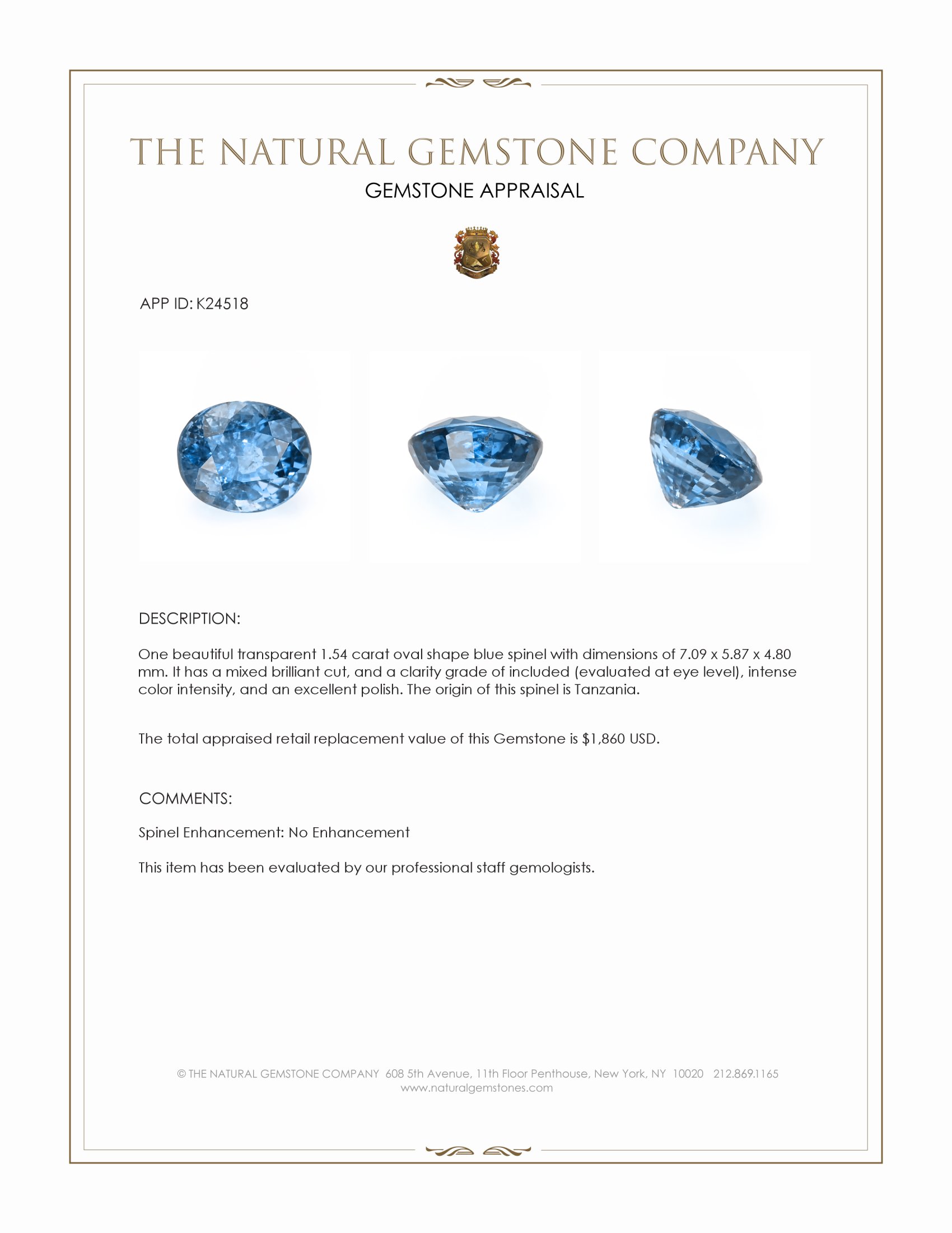 1.54 Ct. Blue Spinel from Tanzania