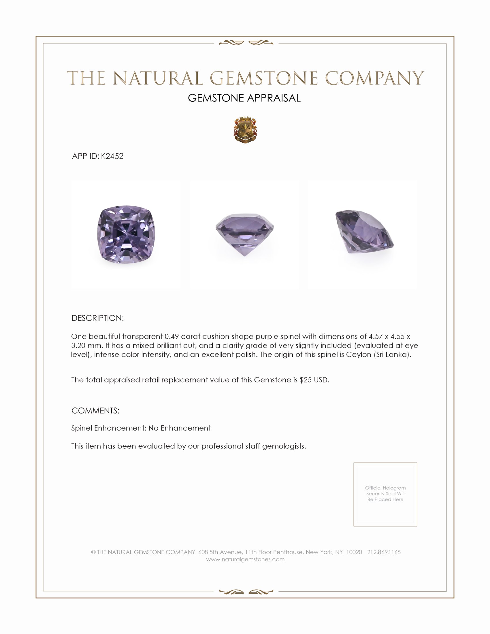 0.49 Ct. Spinel from Ceylon (Sri Lanka)