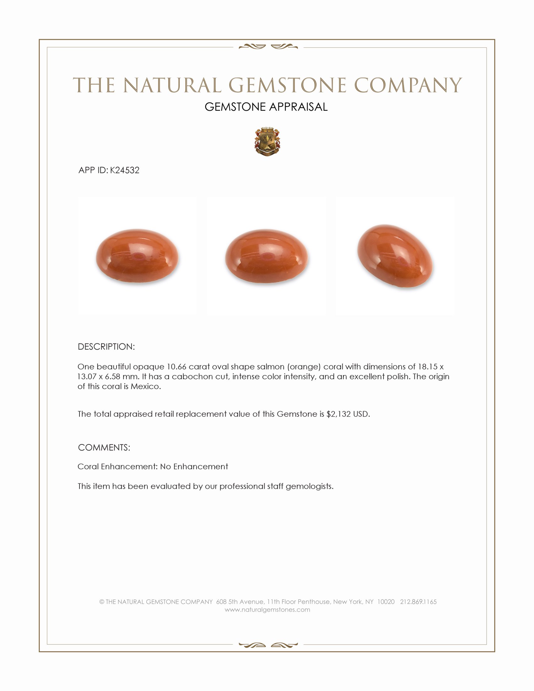 10.66 Ct. Salmon (Orange) Cabochon Coral from Mexico