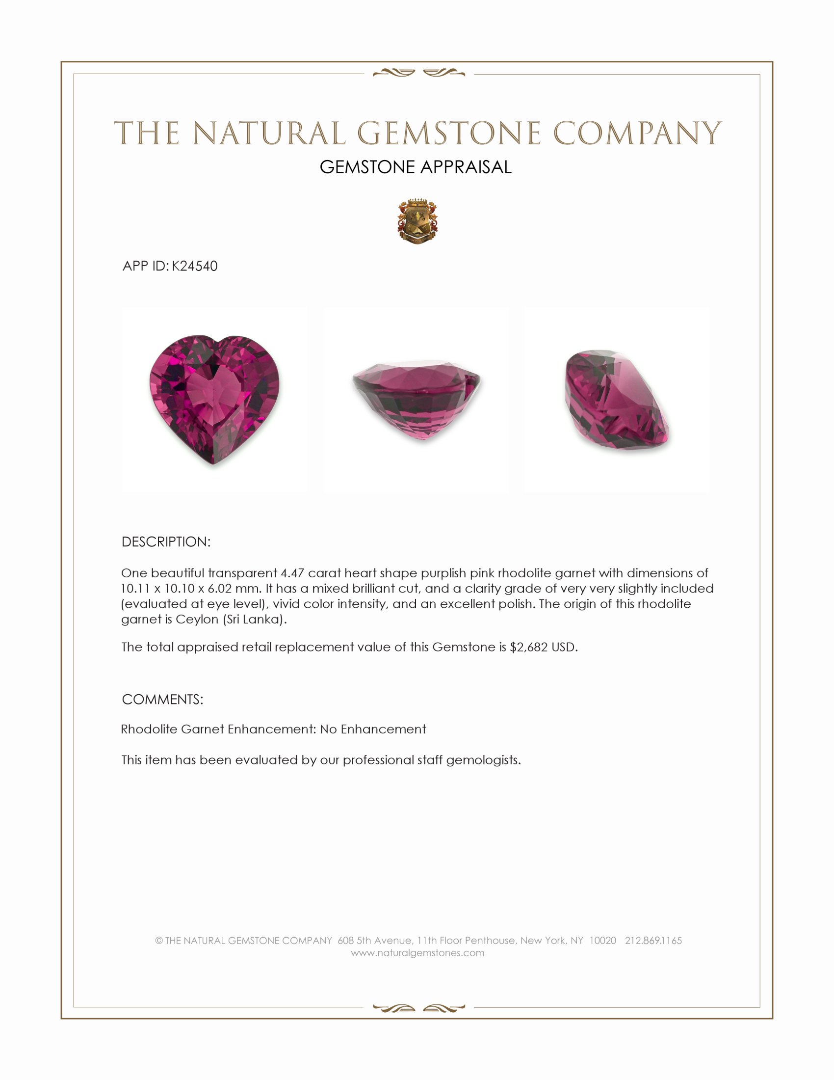 4.47 Ct. Purplish Pink Rhodolite Garnet from Ceylon (Sri Lanka)