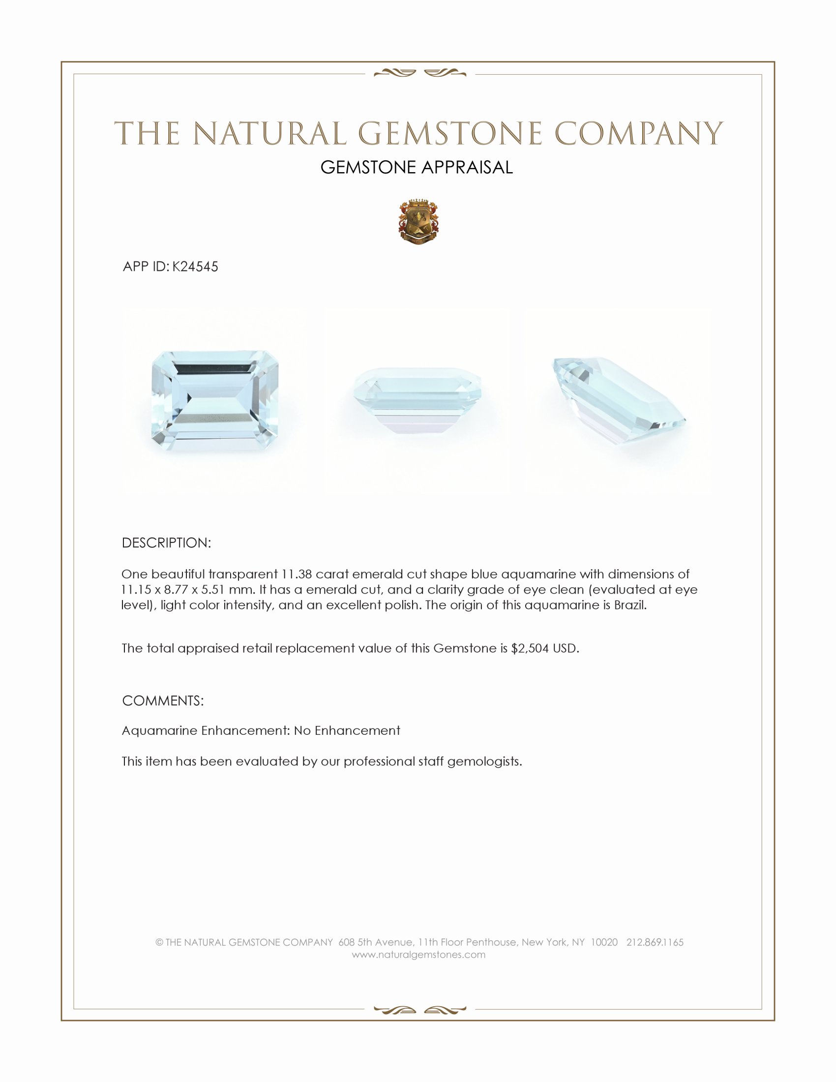 11.38 Ct. Blue Aquamarine from Brazil