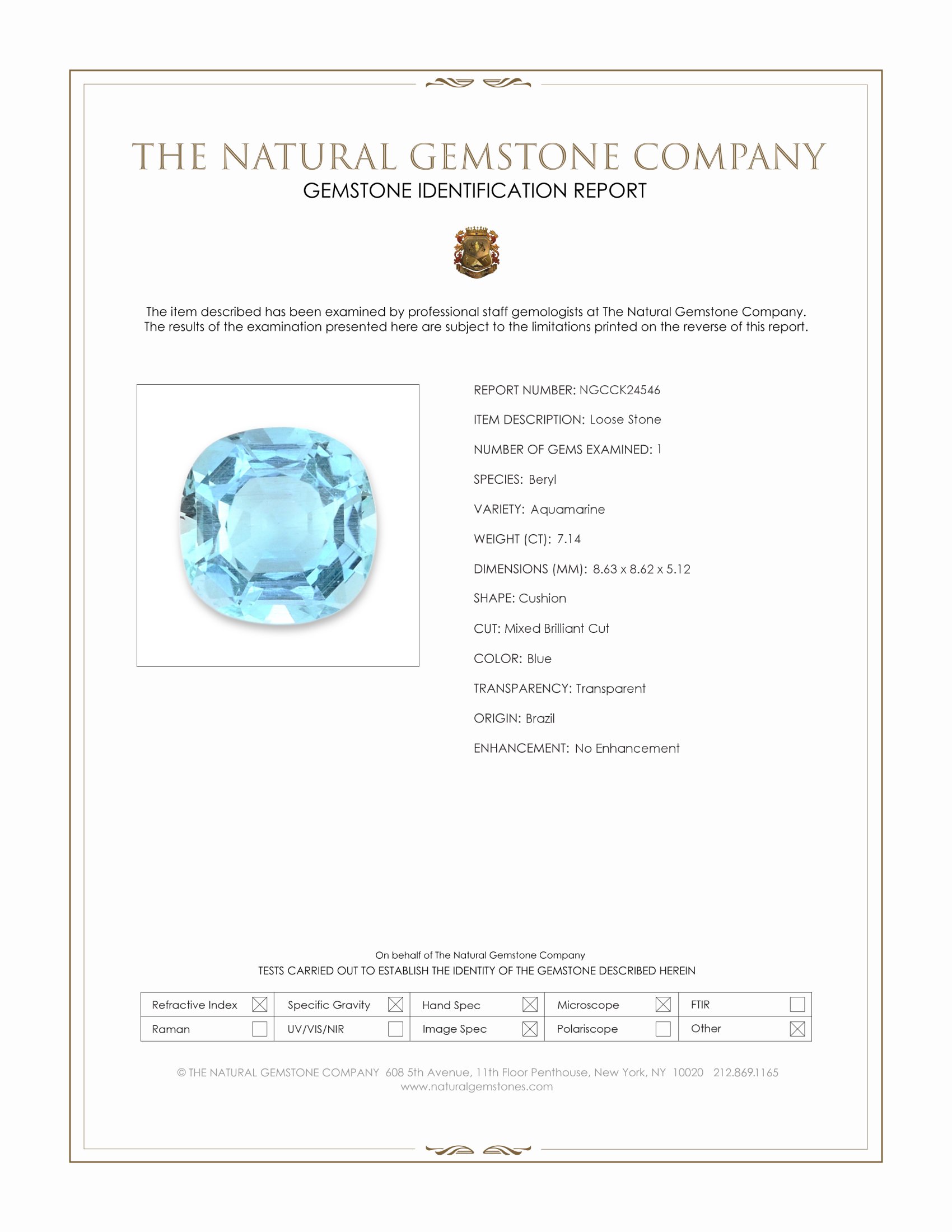 7.14 Ct. Blue Aquamarine from Brazil