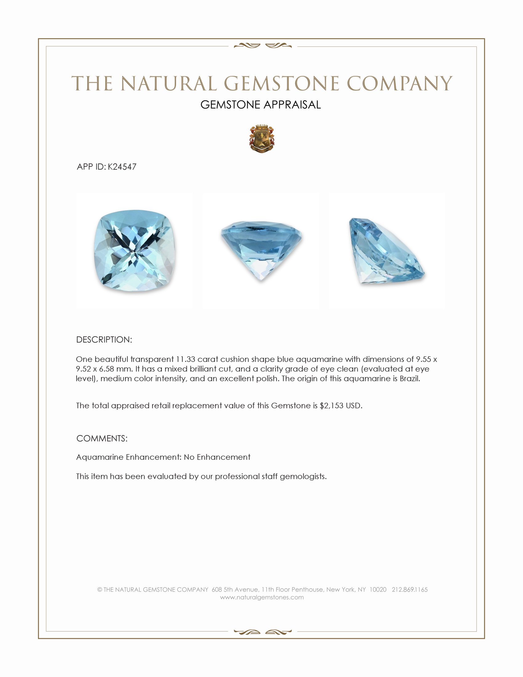 11.33 Ct. Blue Aquamarine from Brazil