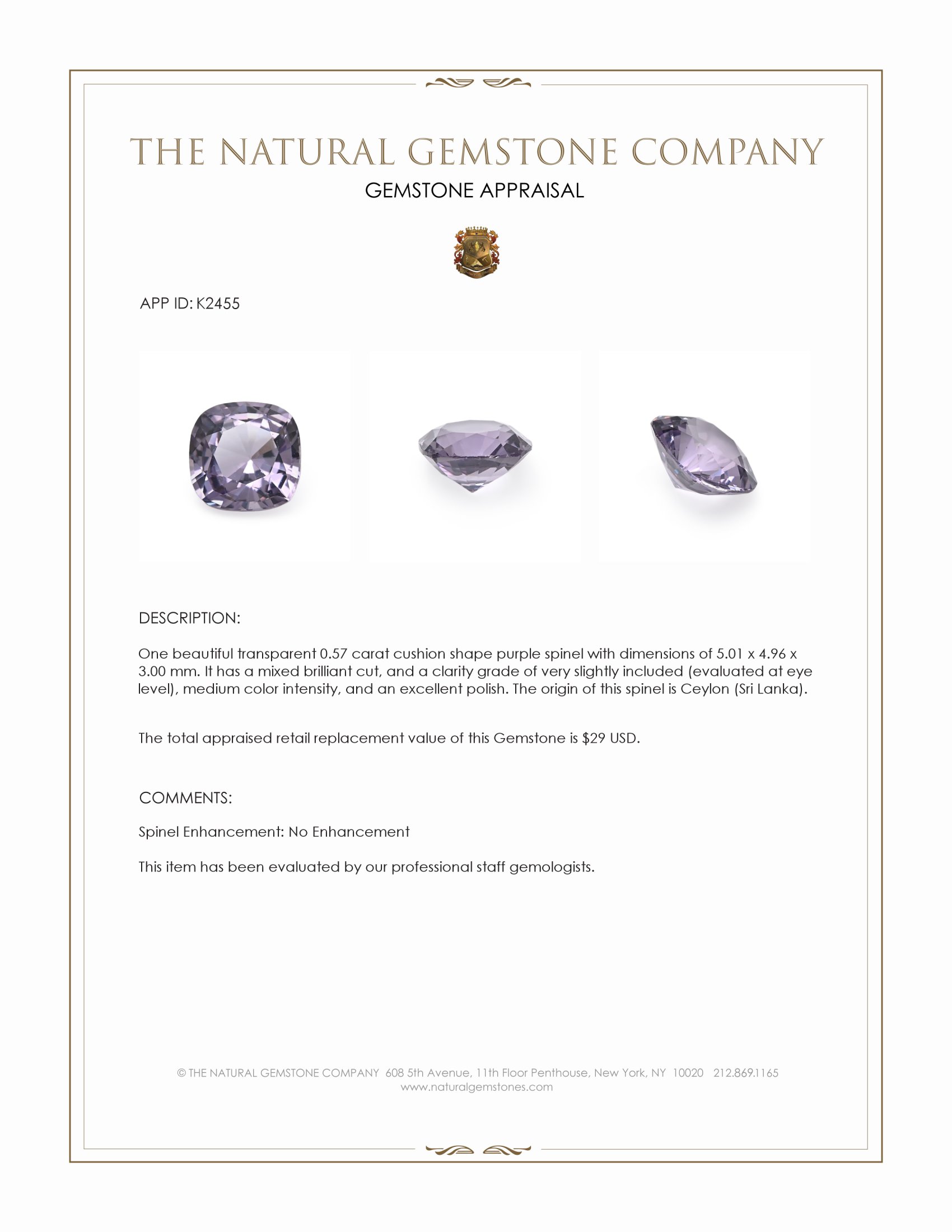 0.57 Ct. Purple Spinel from Ceylon (Sri Lanka)