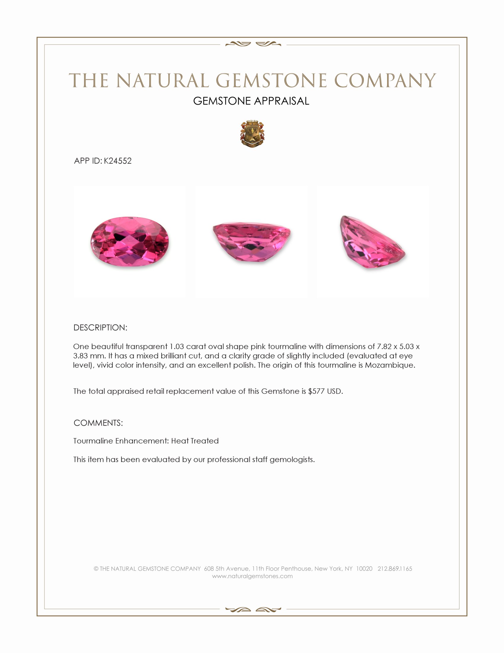 1.03 Ct. Pink Tourmaline from Mozambique