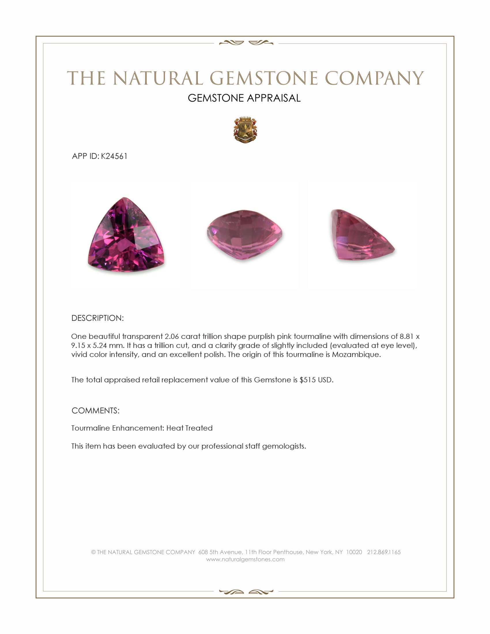 2.06 Ct. Purplish Pink Tourmaline from Mozambique