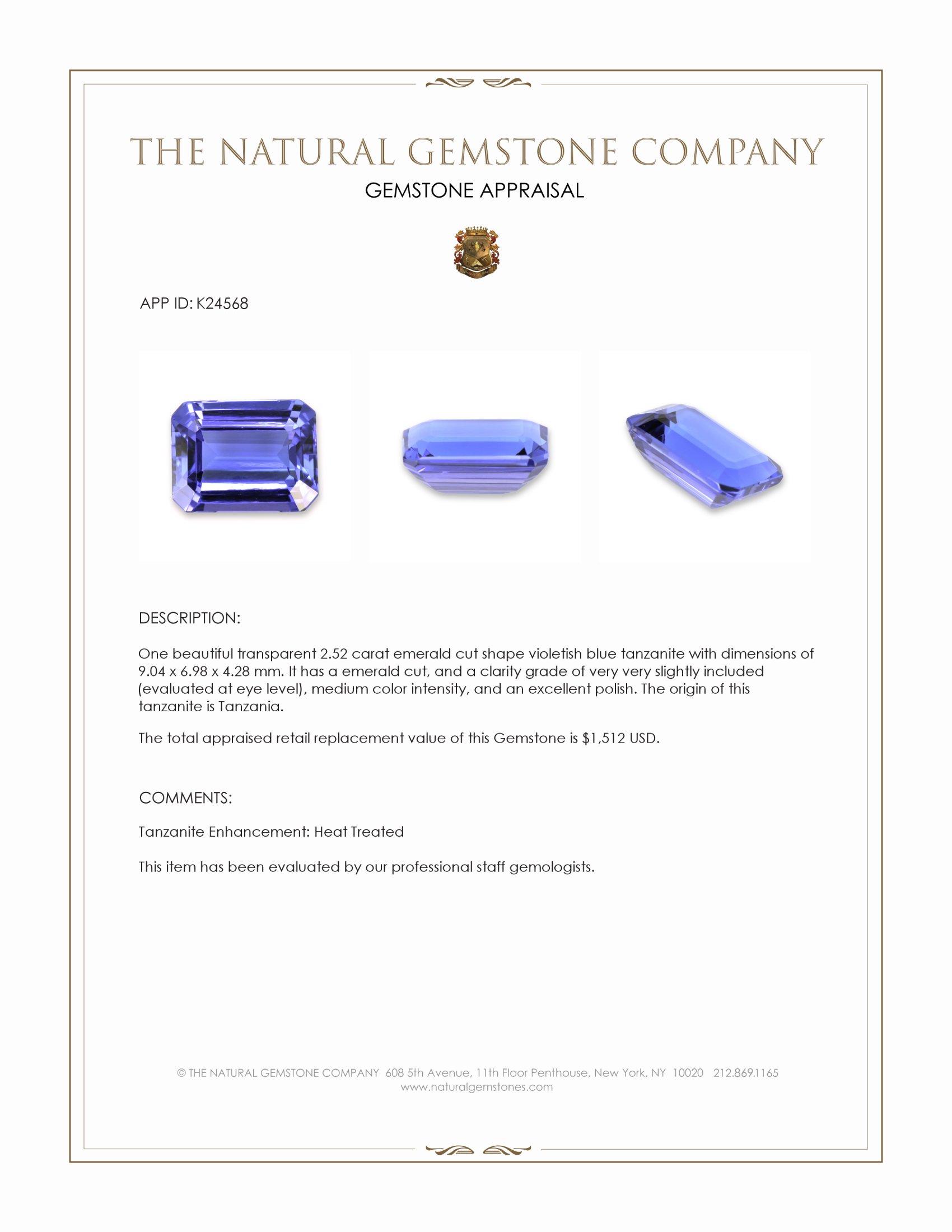 2.52 Ct. Violetish Blue Tanzanite from Tanzania
