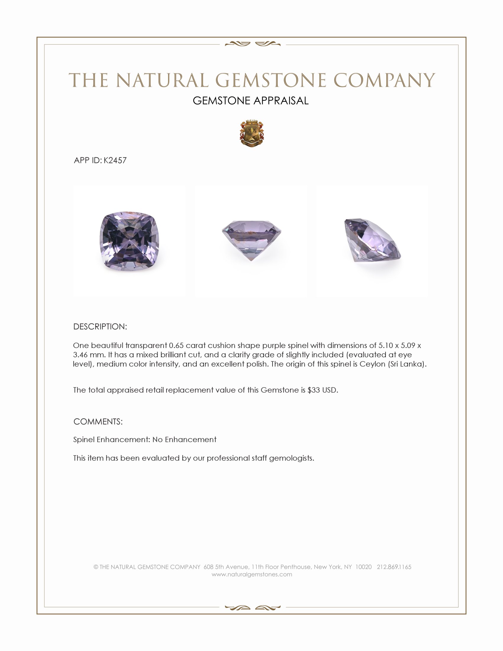 0.65 Ct. Purple Spinel from Ceylon (Sri Lanka)