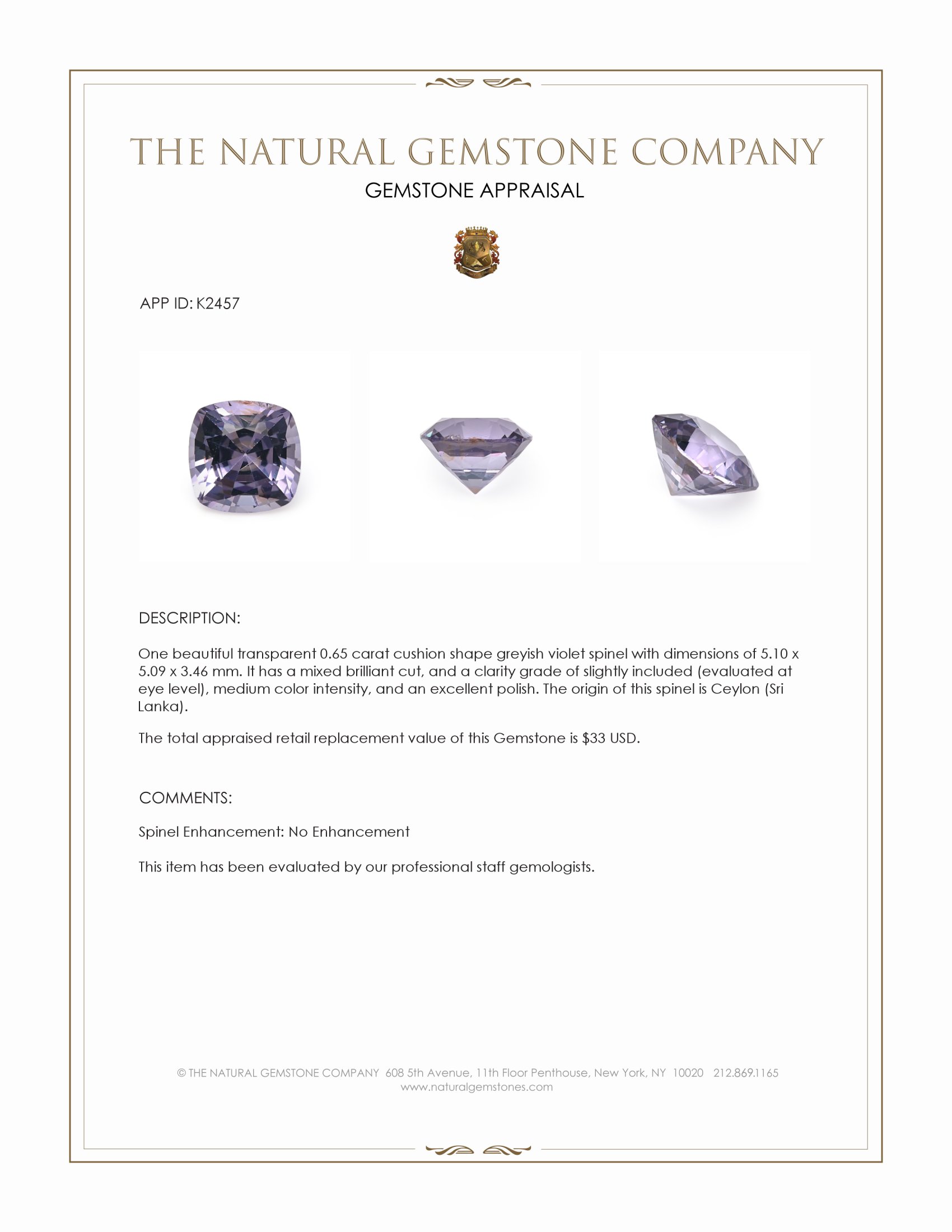 0.65 Ct. Greyish Violet Spinel from Ceylon (Sri Lanka)