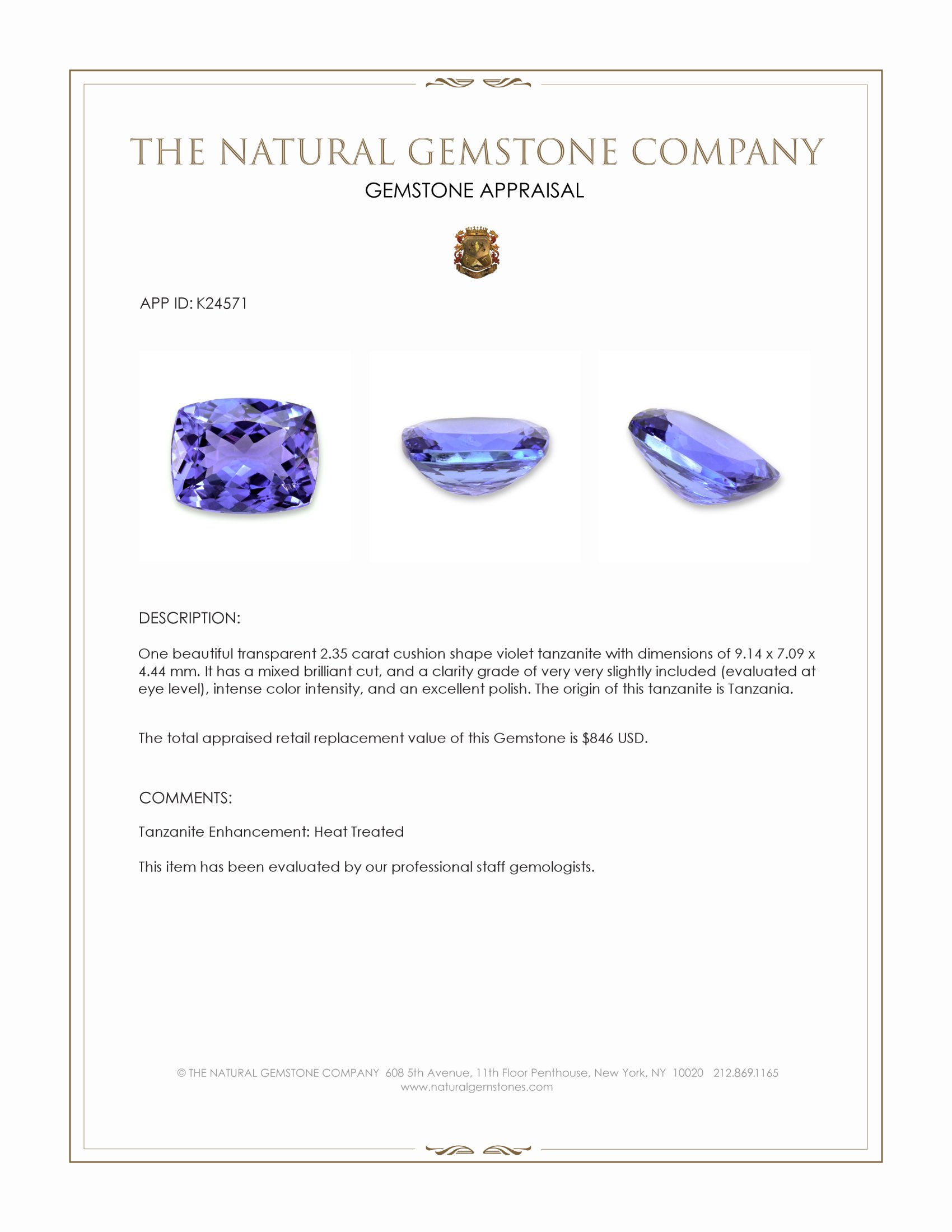 2.35 Ct. Violet Tanzanite from Tanzania
