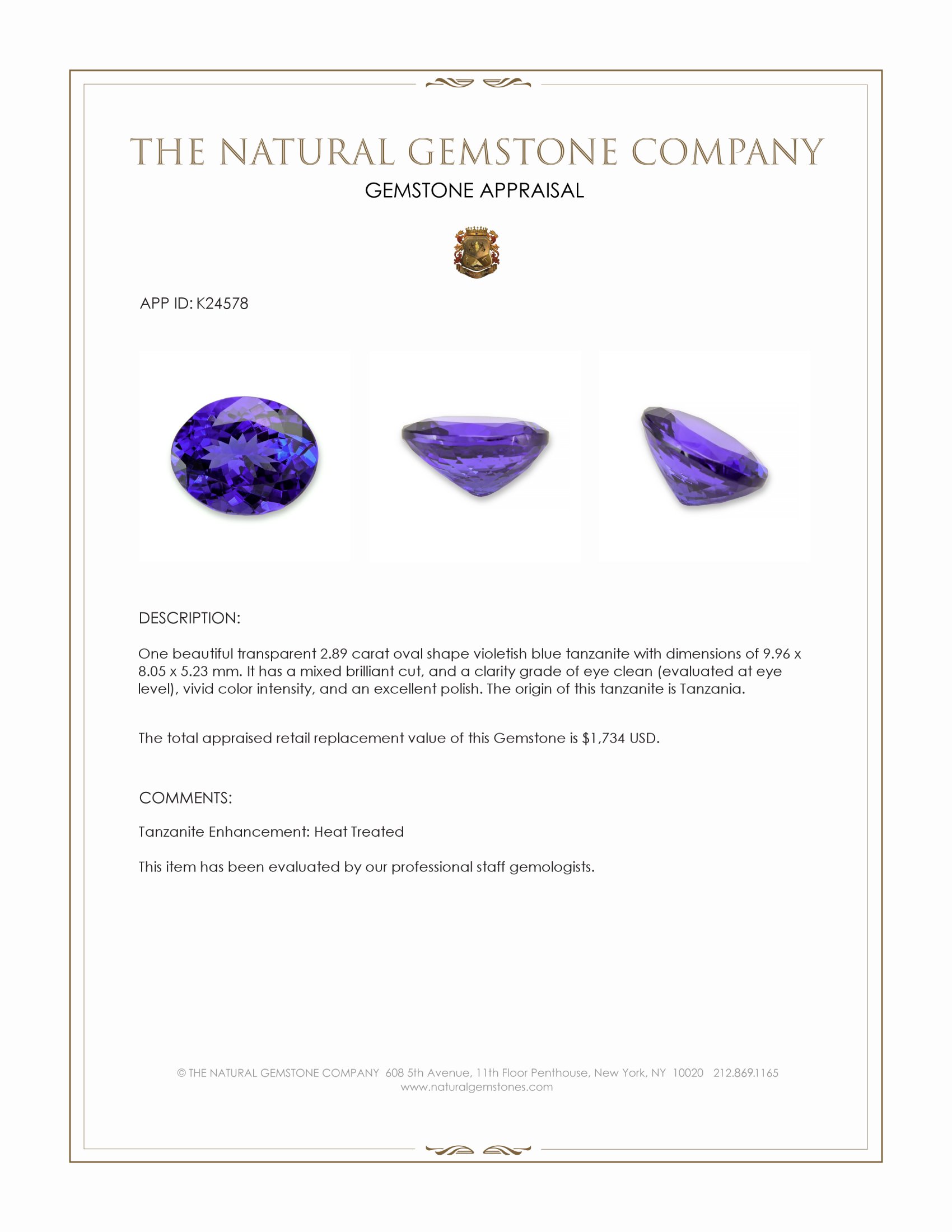 2.89 Ct. Violetish Blue Tanzanite from Tanzania