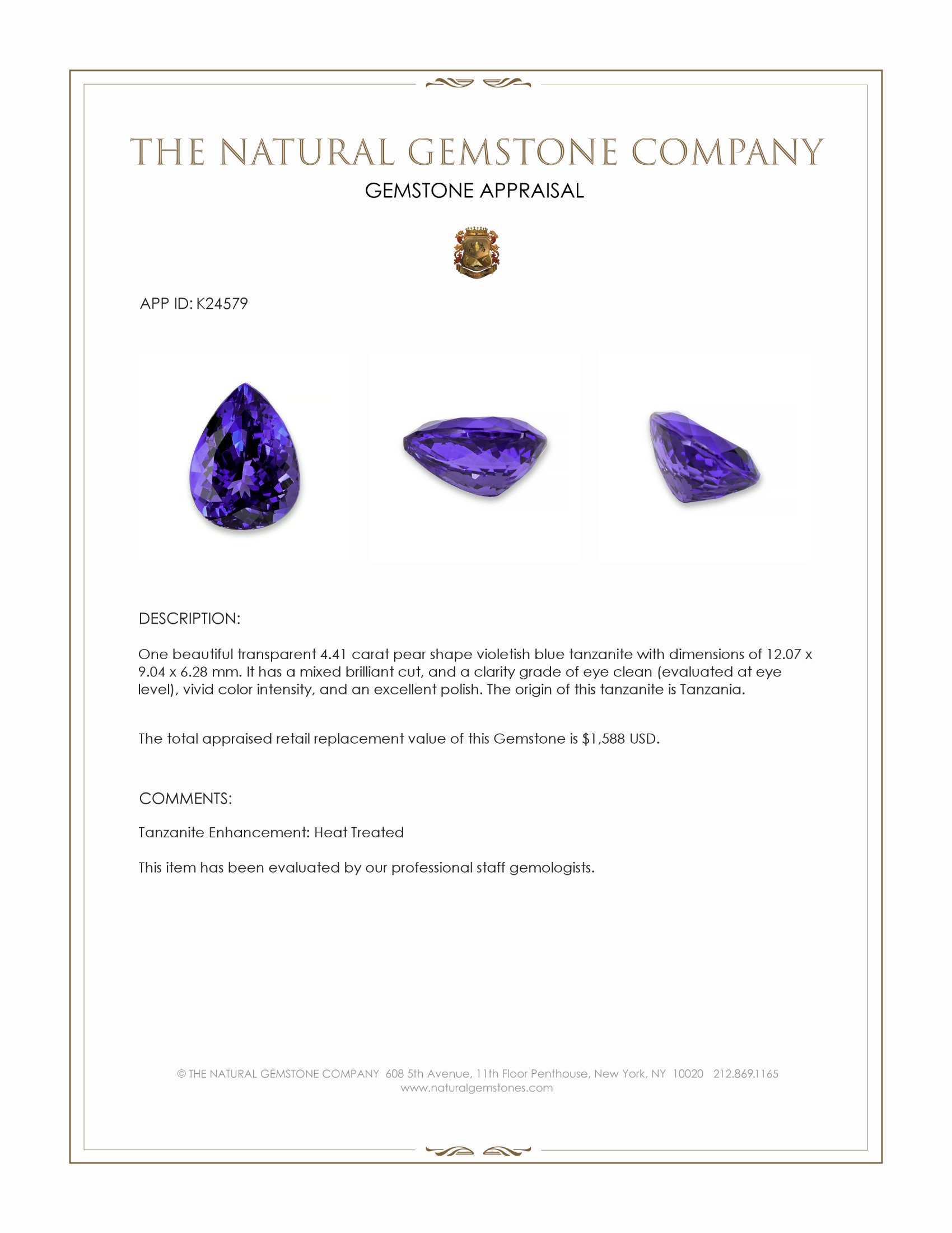 4.41 Ct. Violetish Blue Tanzanite from Tanzania