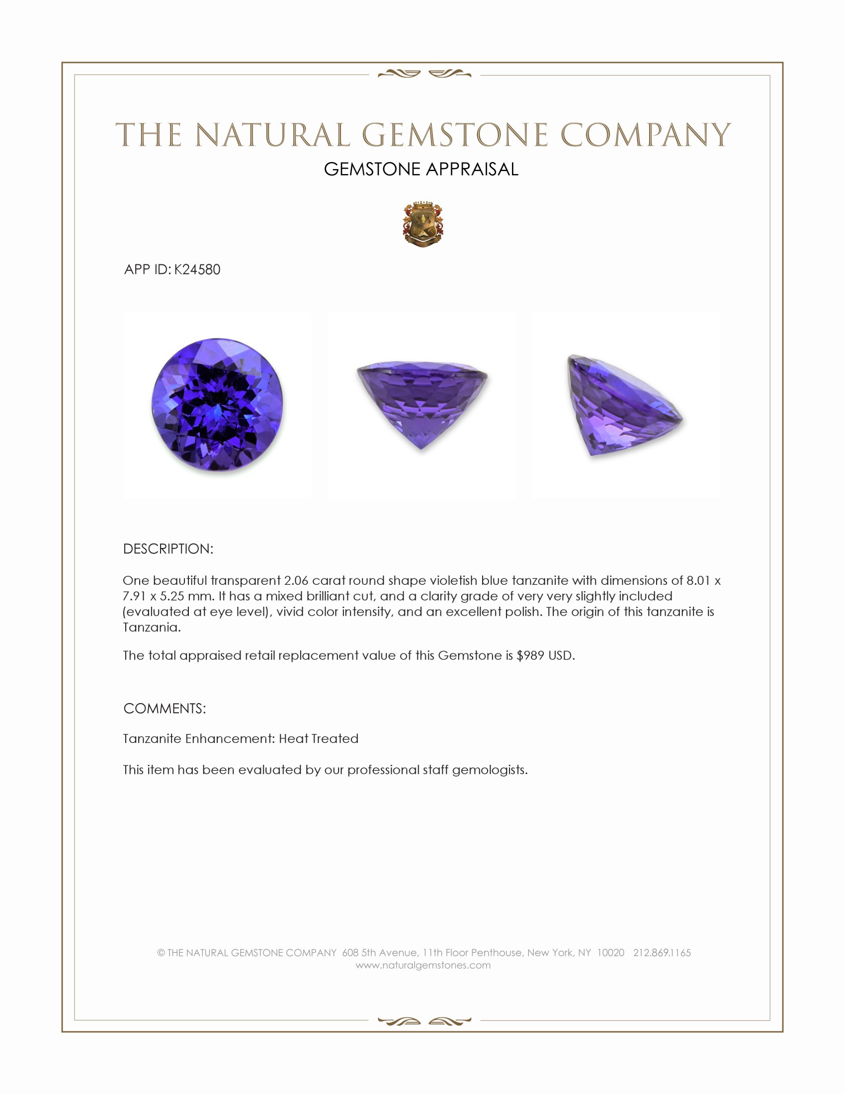 2.06 Ct. Violetish Blue Tanzanite from Tanzania