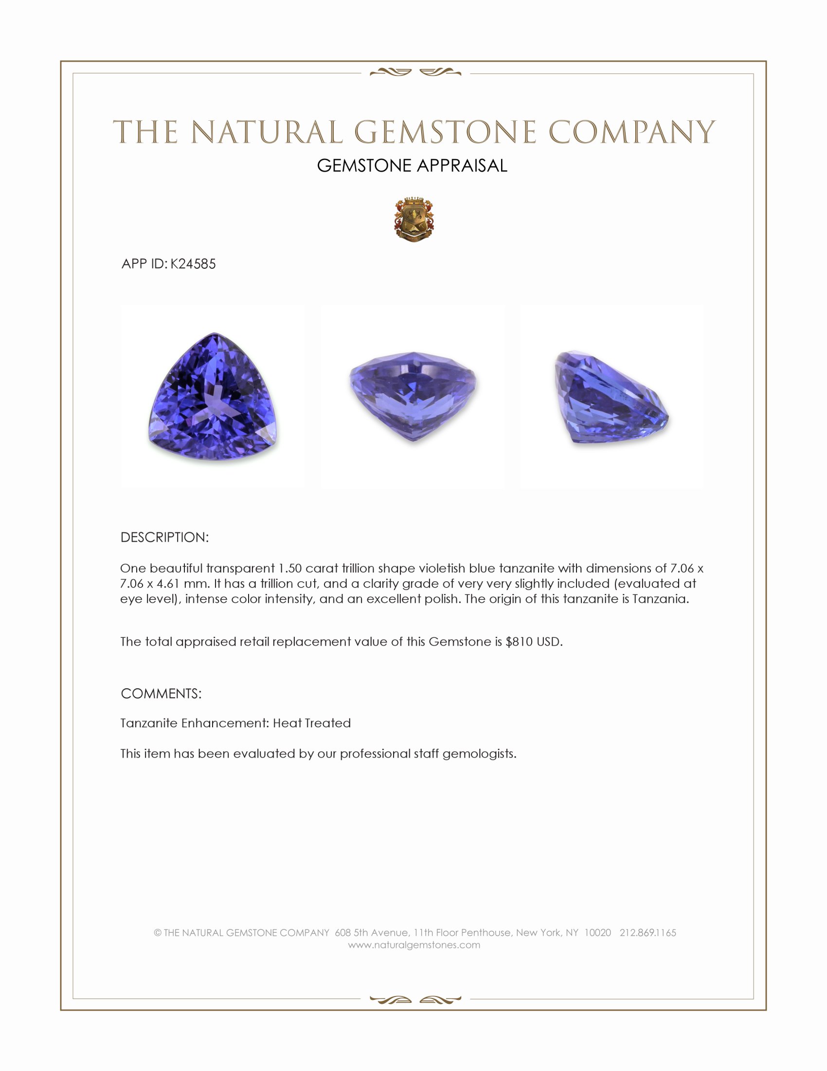 1.50 Ct. Violetish Blue Tanzanite from Tanzania