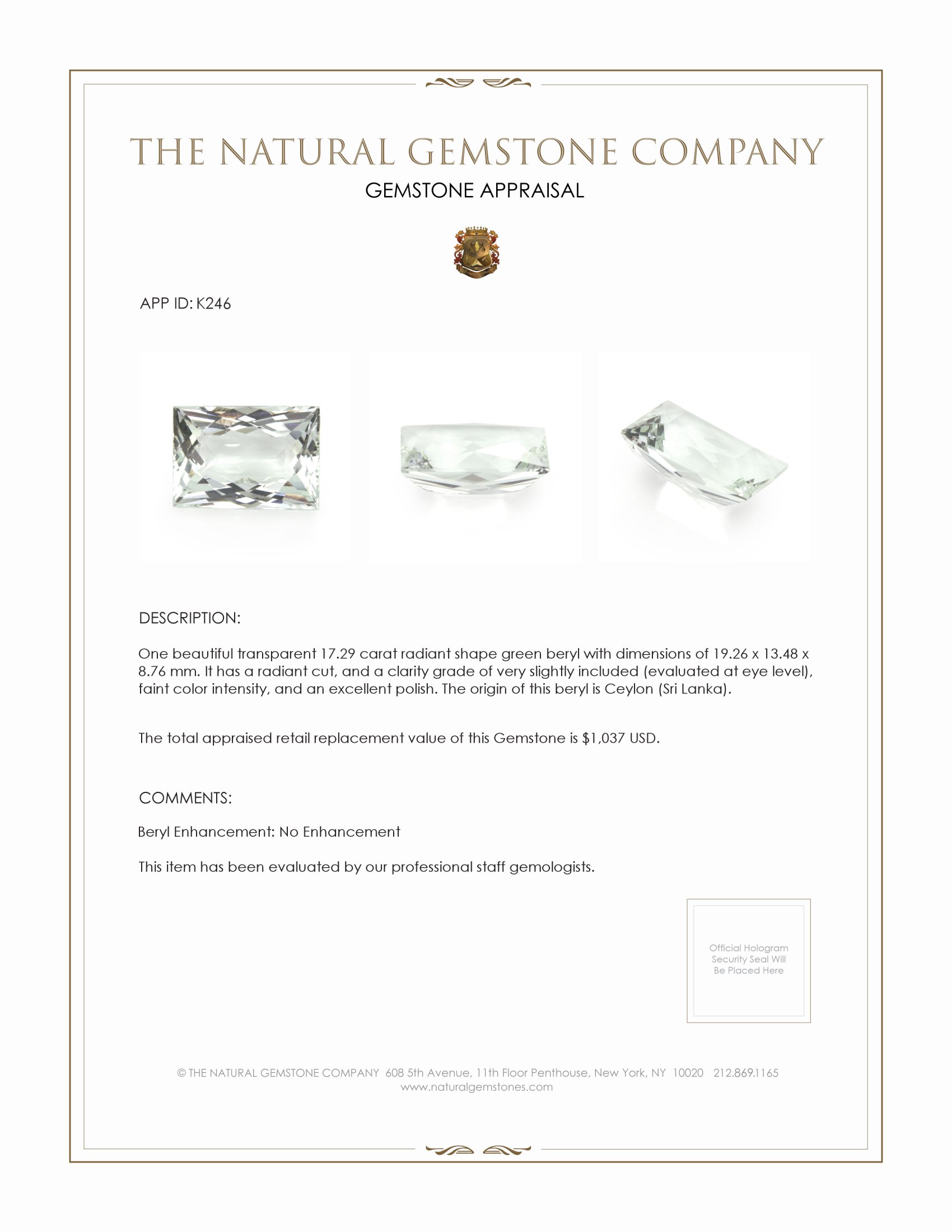 17.29 Ct. Green Beryl from Ceylon (Sri Lanka)