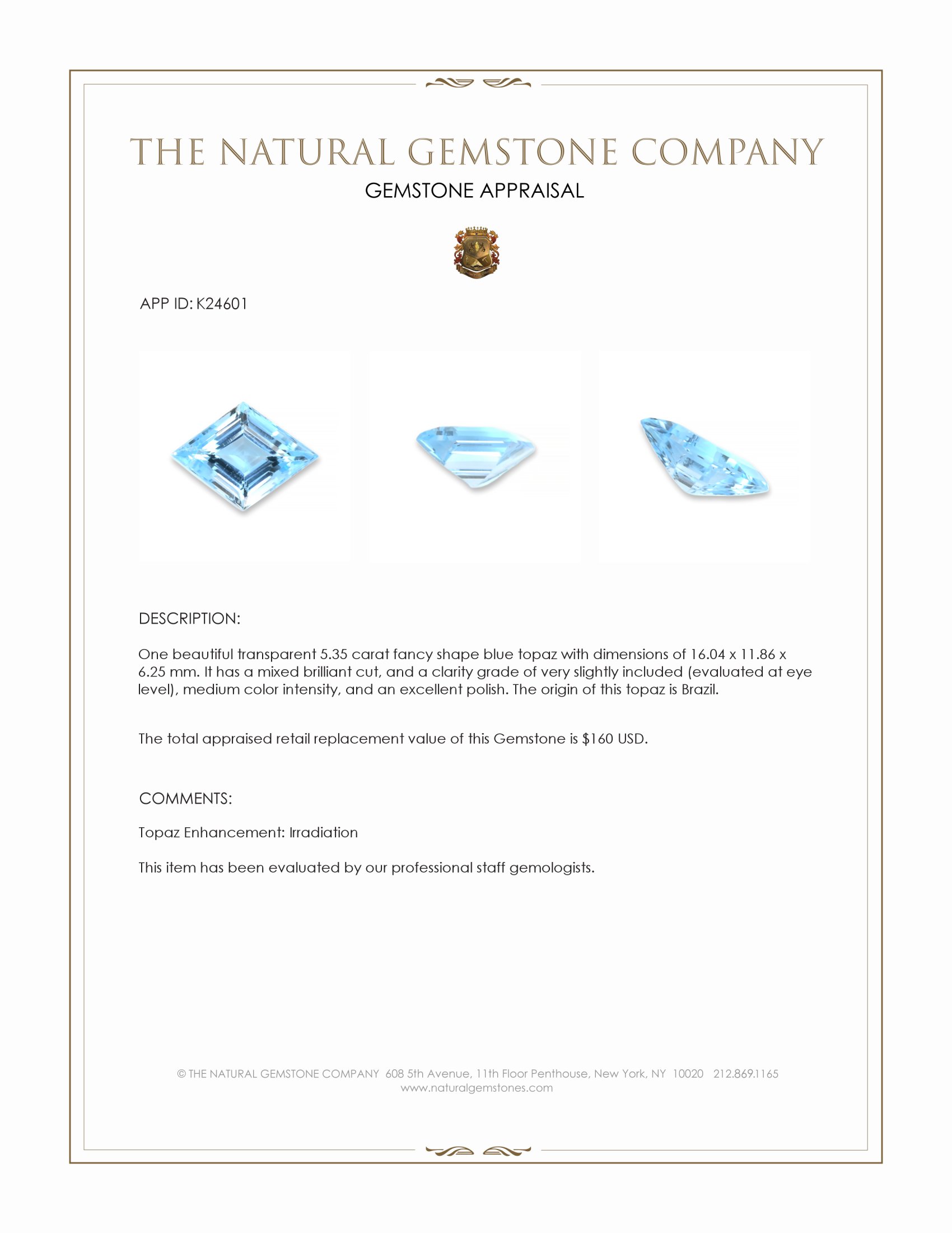 5.35 Ct. Blue Topaz from Brazil