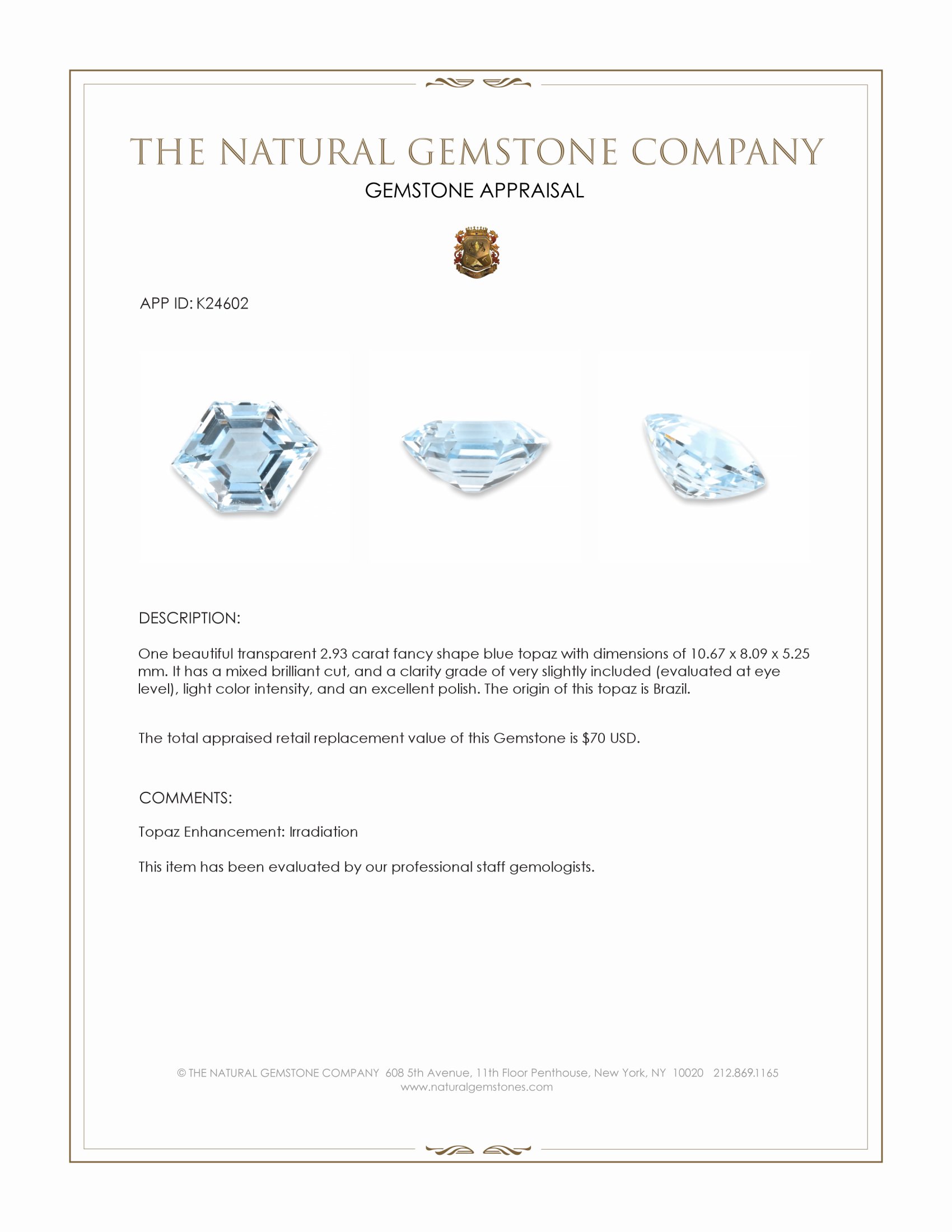 2.93 Ct. Blue Topaz from Brazil