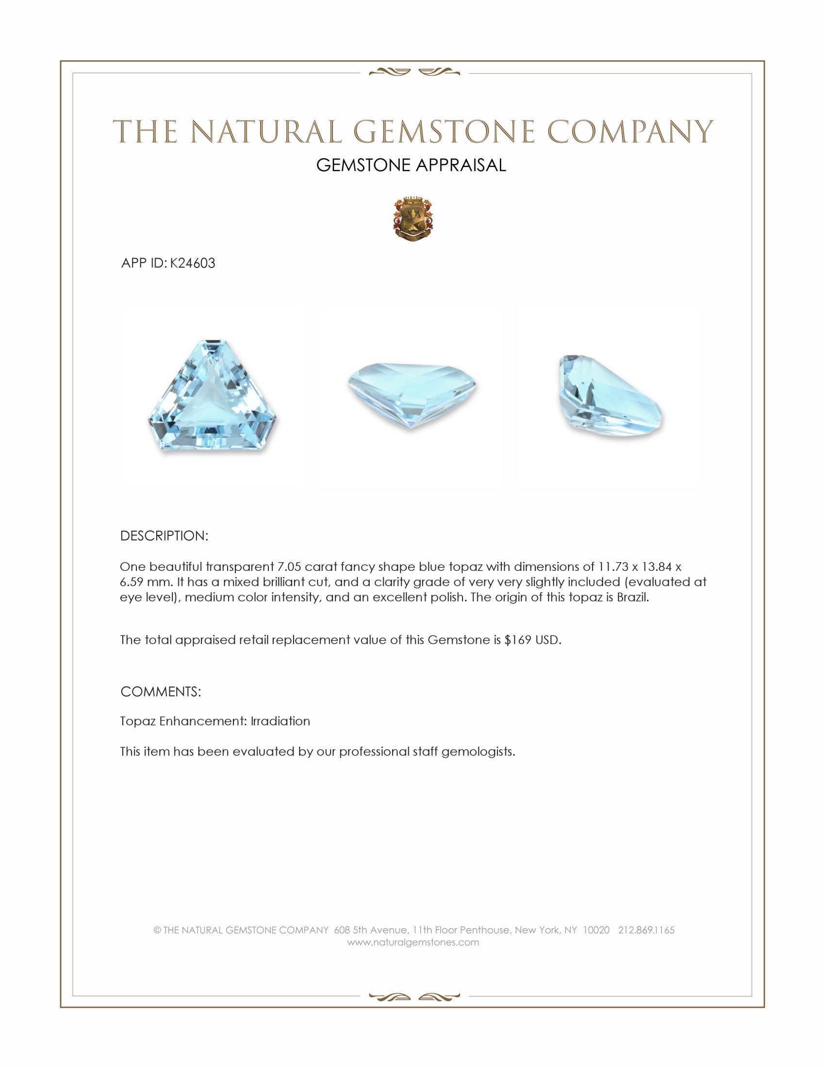 7.05 Ct. Blue Topaz from Brazil
