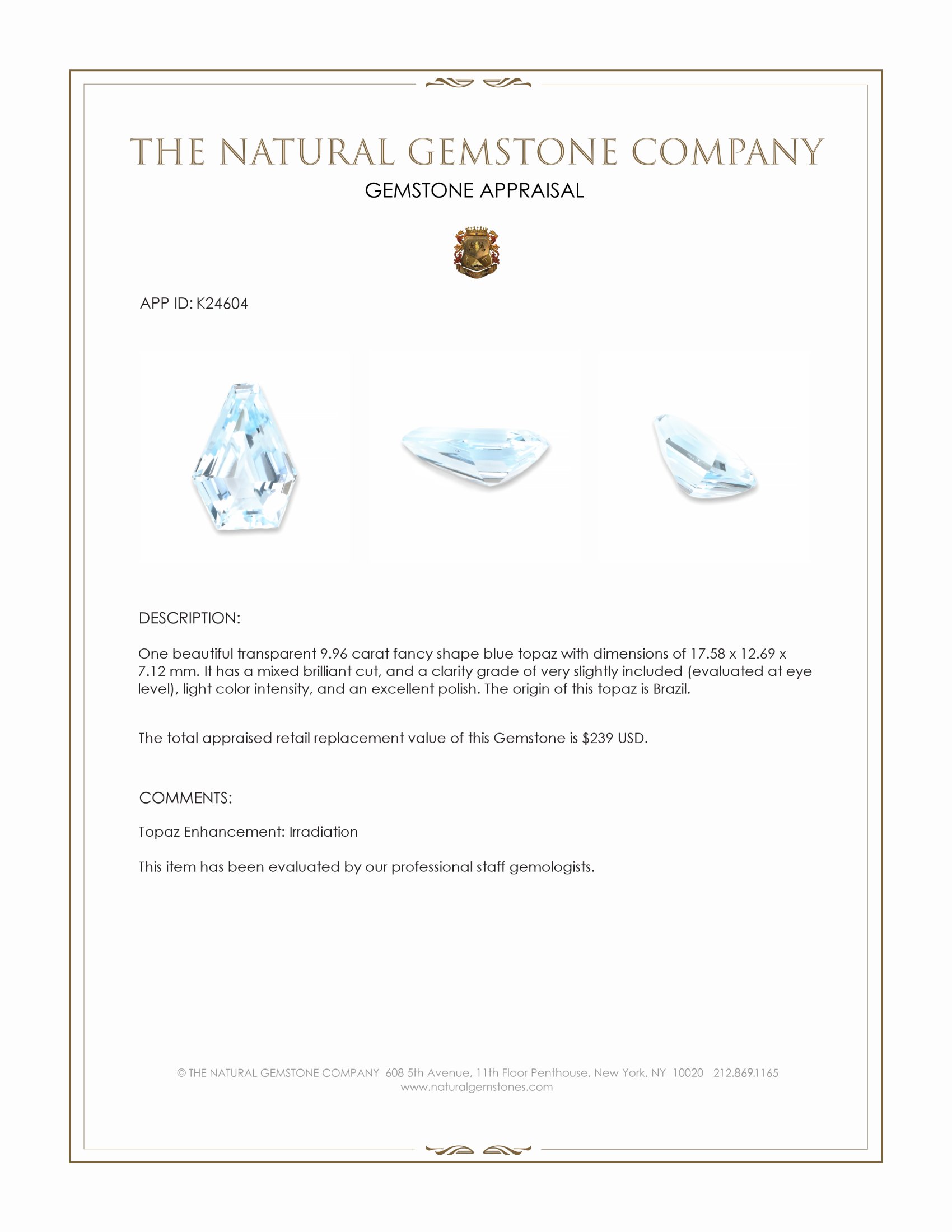 9.96 Ct. Blue Topaz from Brazil