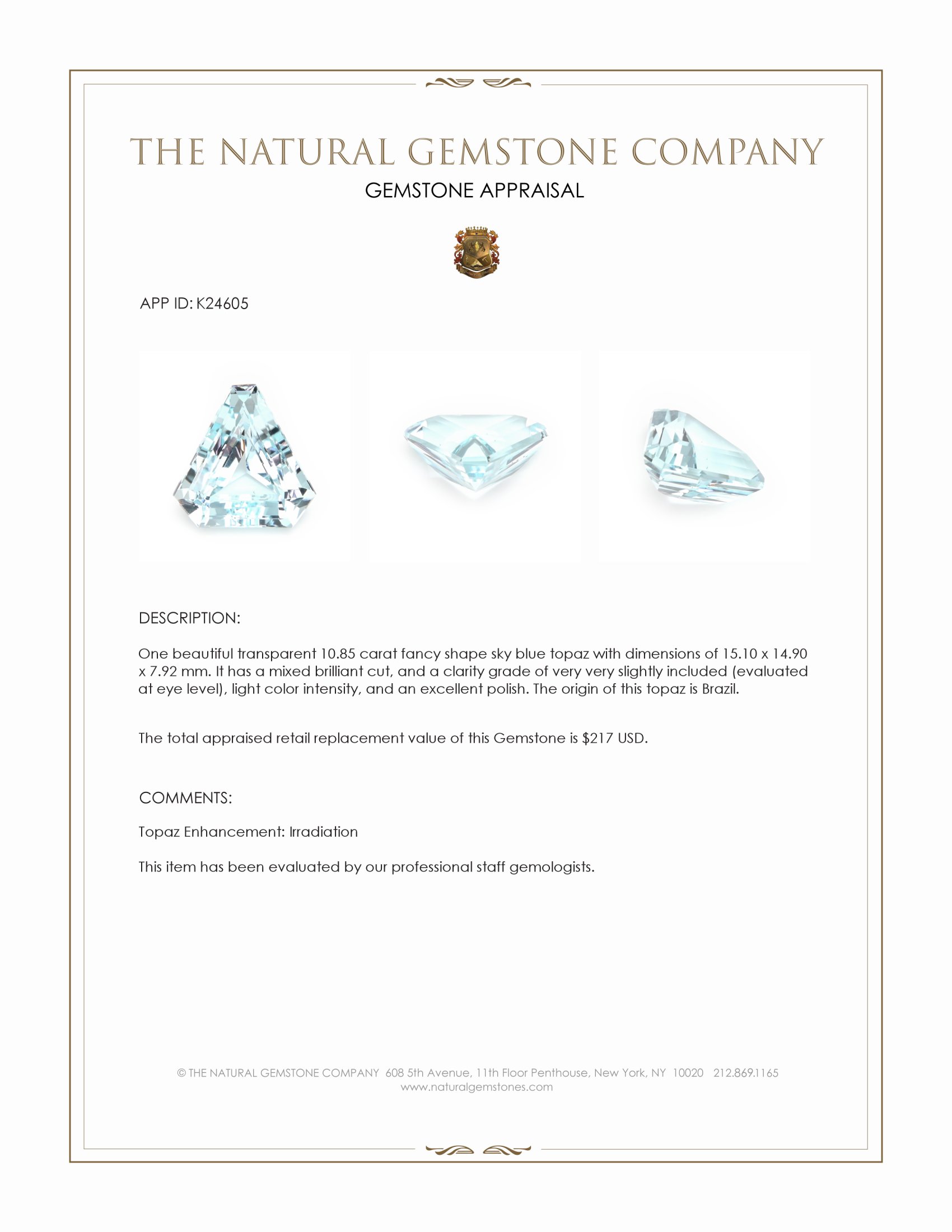 10.85 Ct. Sky Blue Topaz from Brazil