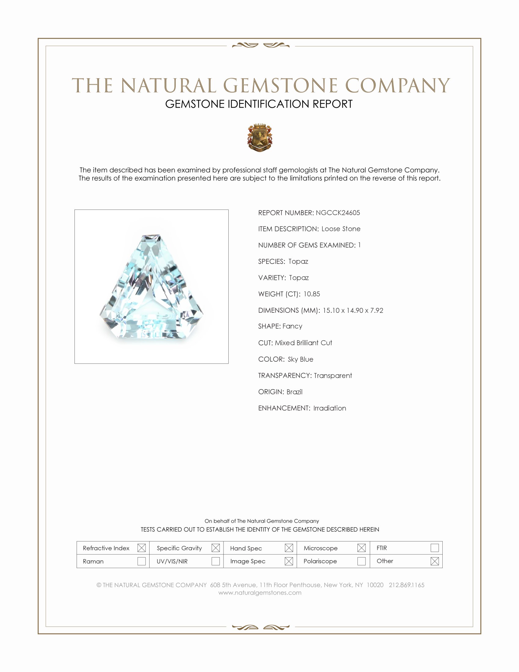 10.85 Ct. Sky Blue Topaz from Brazil