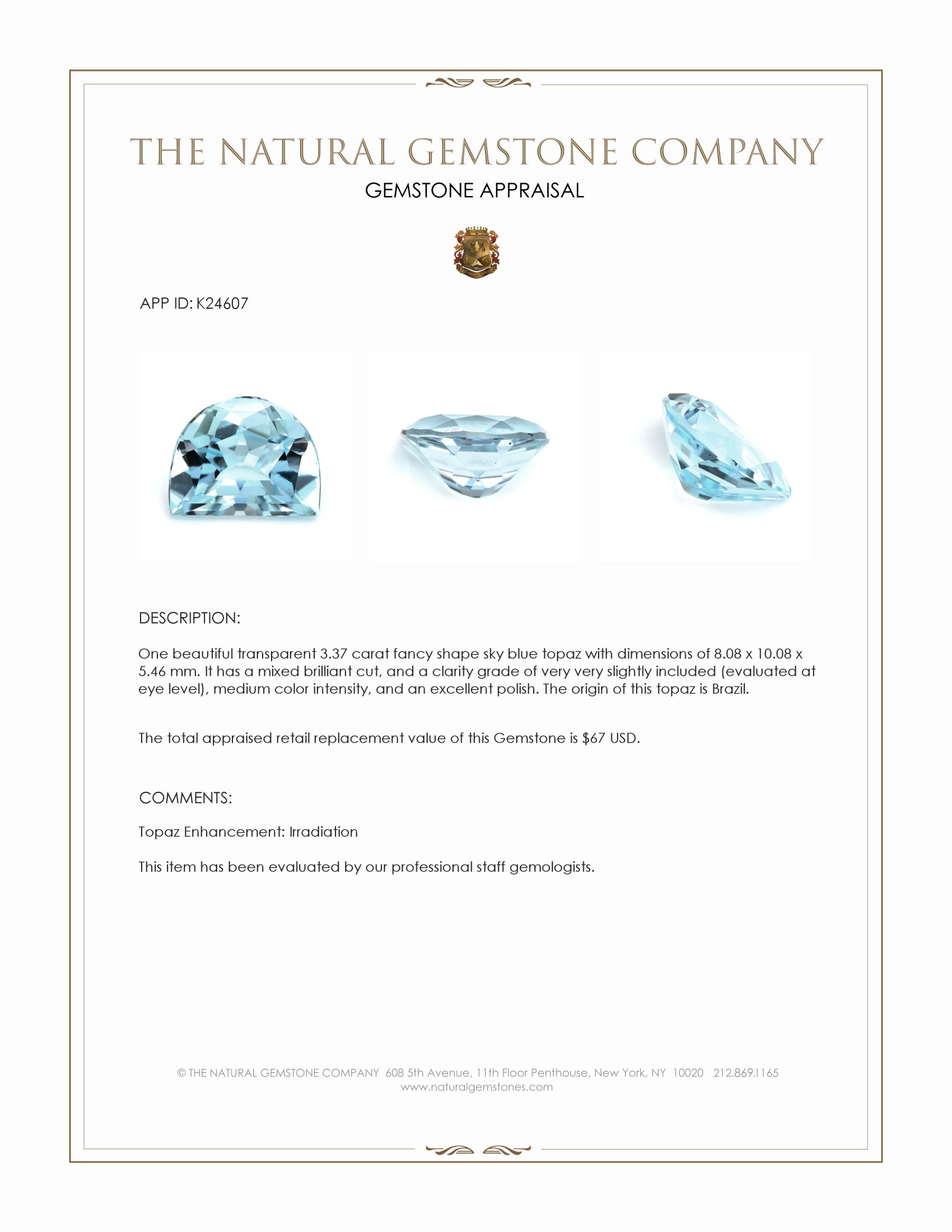 3.37 Ct. Sky Blue Topaz from Brazil
