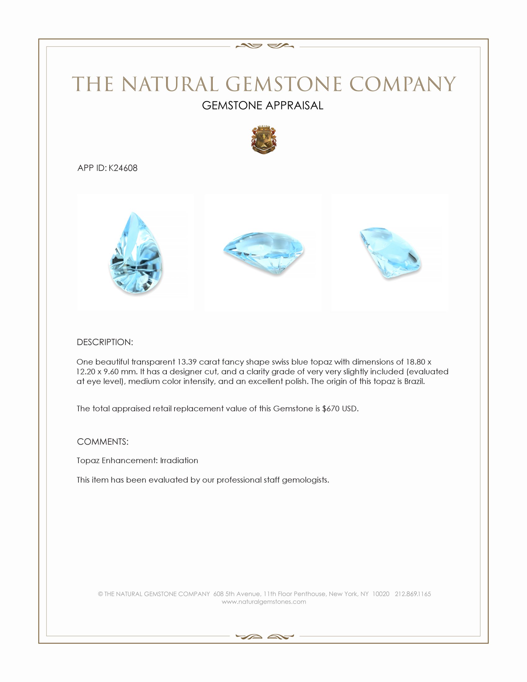 13.39 Ct. Swiss Blue Topaz from Brazil