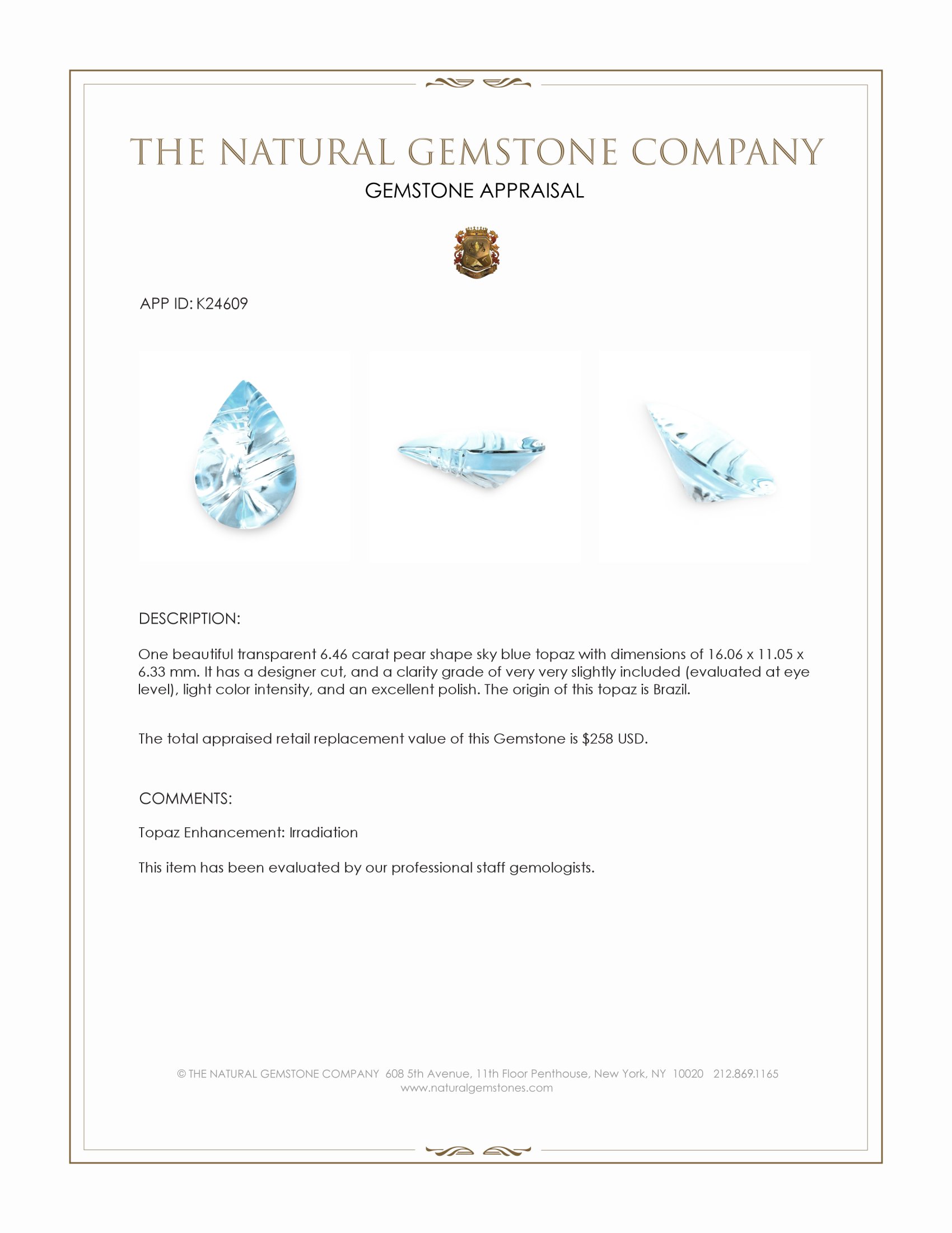 6.46 Ct. Sky Blue Topaz from Brazil