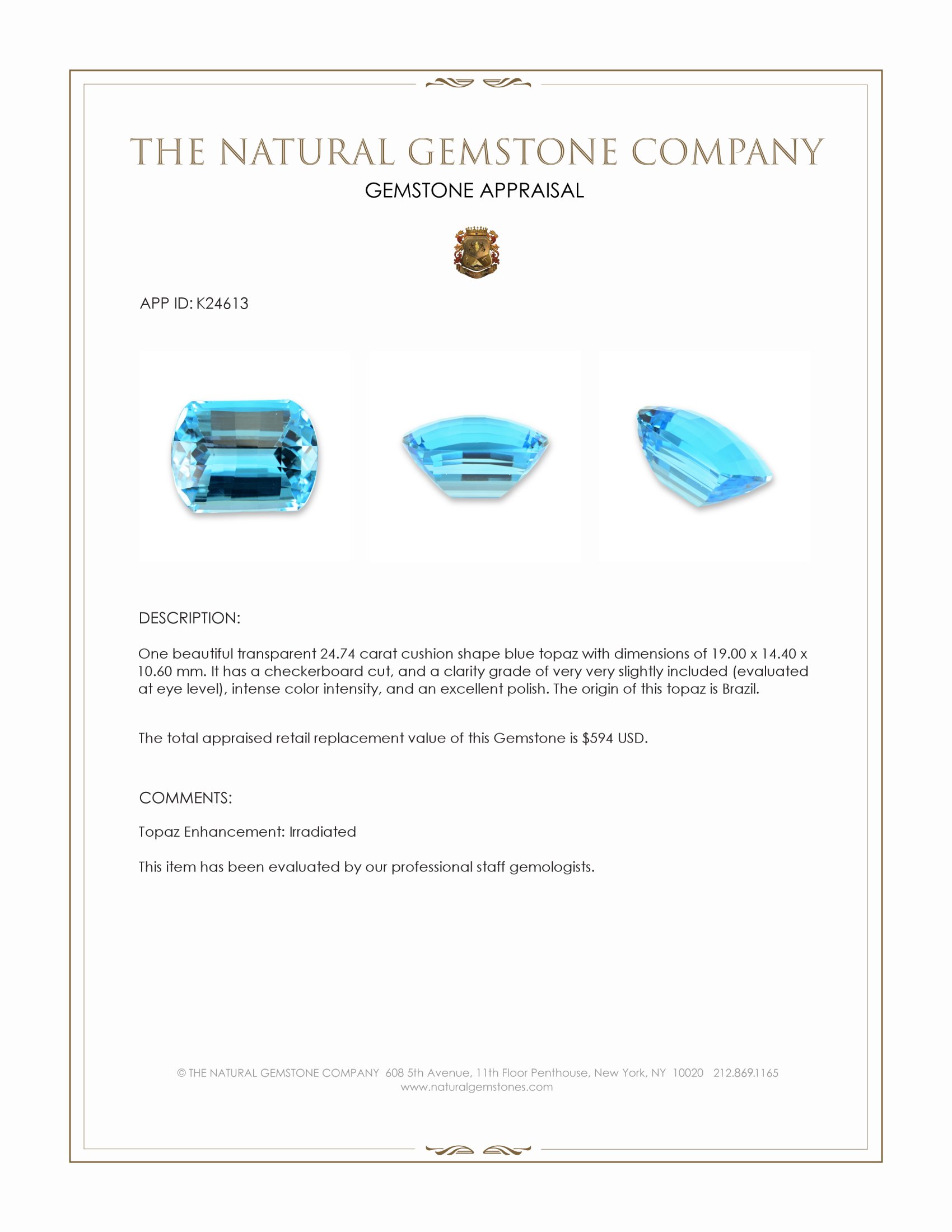 24.74 Ct. Blue Topaz from Brazil