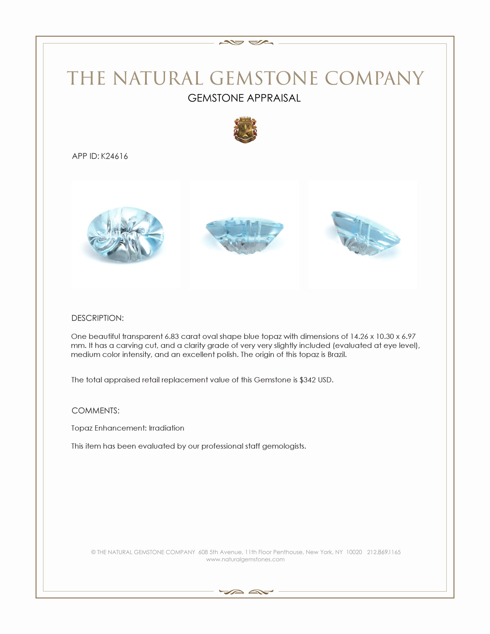 6.83 Ct. Blue Topaz from Brazil