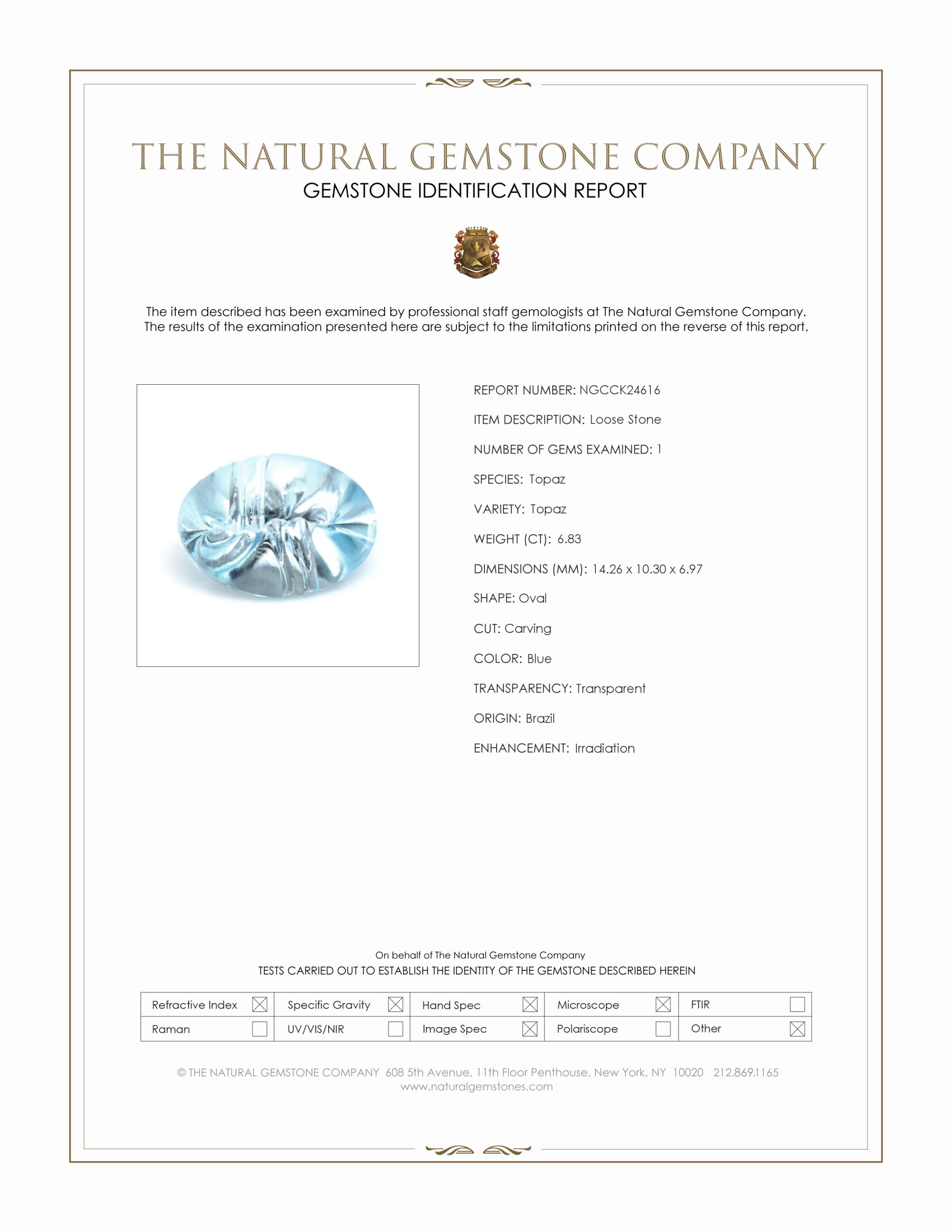 6.83 Ct. Blue Topaz from Brazil